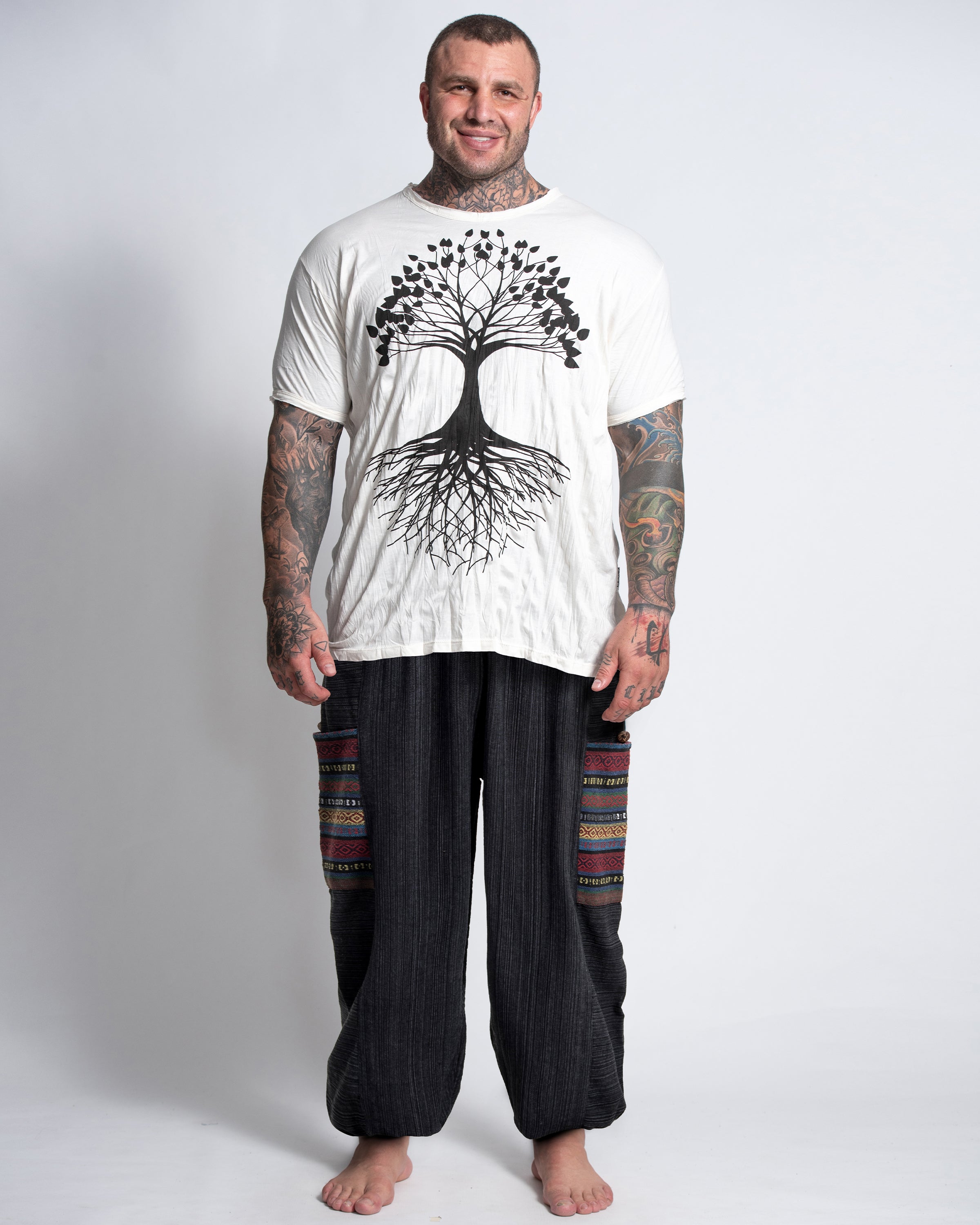 Plus Size Men's Drawstring Pinstripes Cotton Pants with Aztec Pocket in Black
