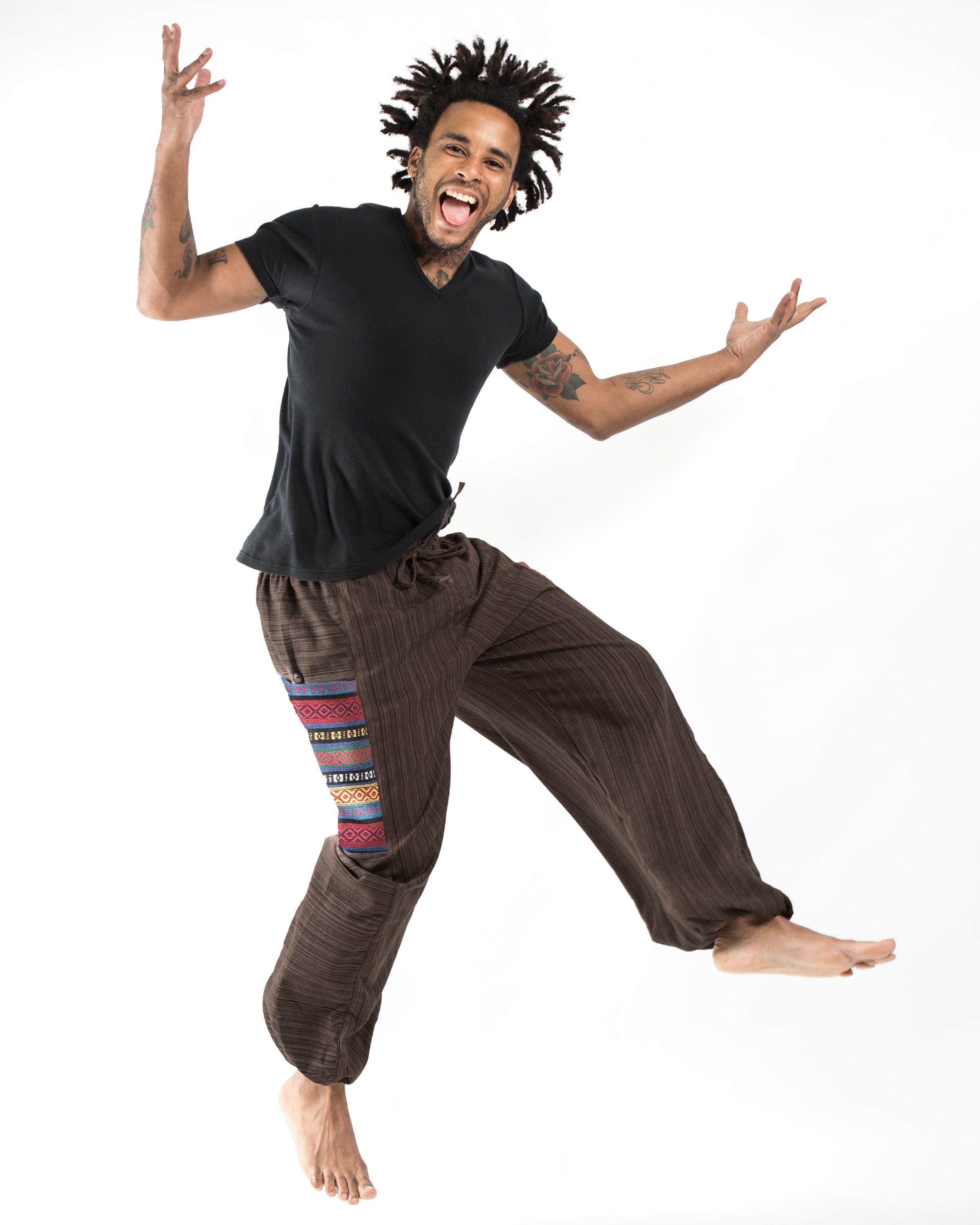 Men's Drawstring Pinstripes Cotton Pants with Aztec Pocket in Brown