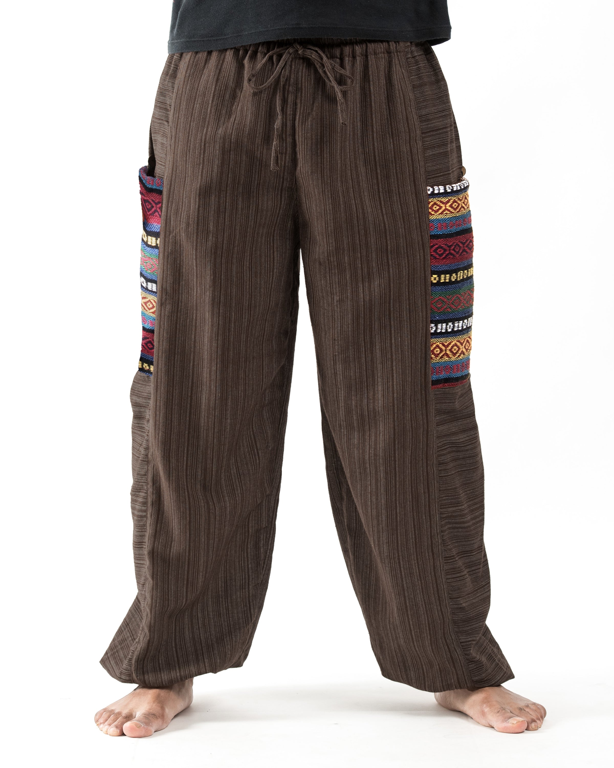 Men's Drawstring Pinstripes Cotton Pants with Aztec Pocket in Brown