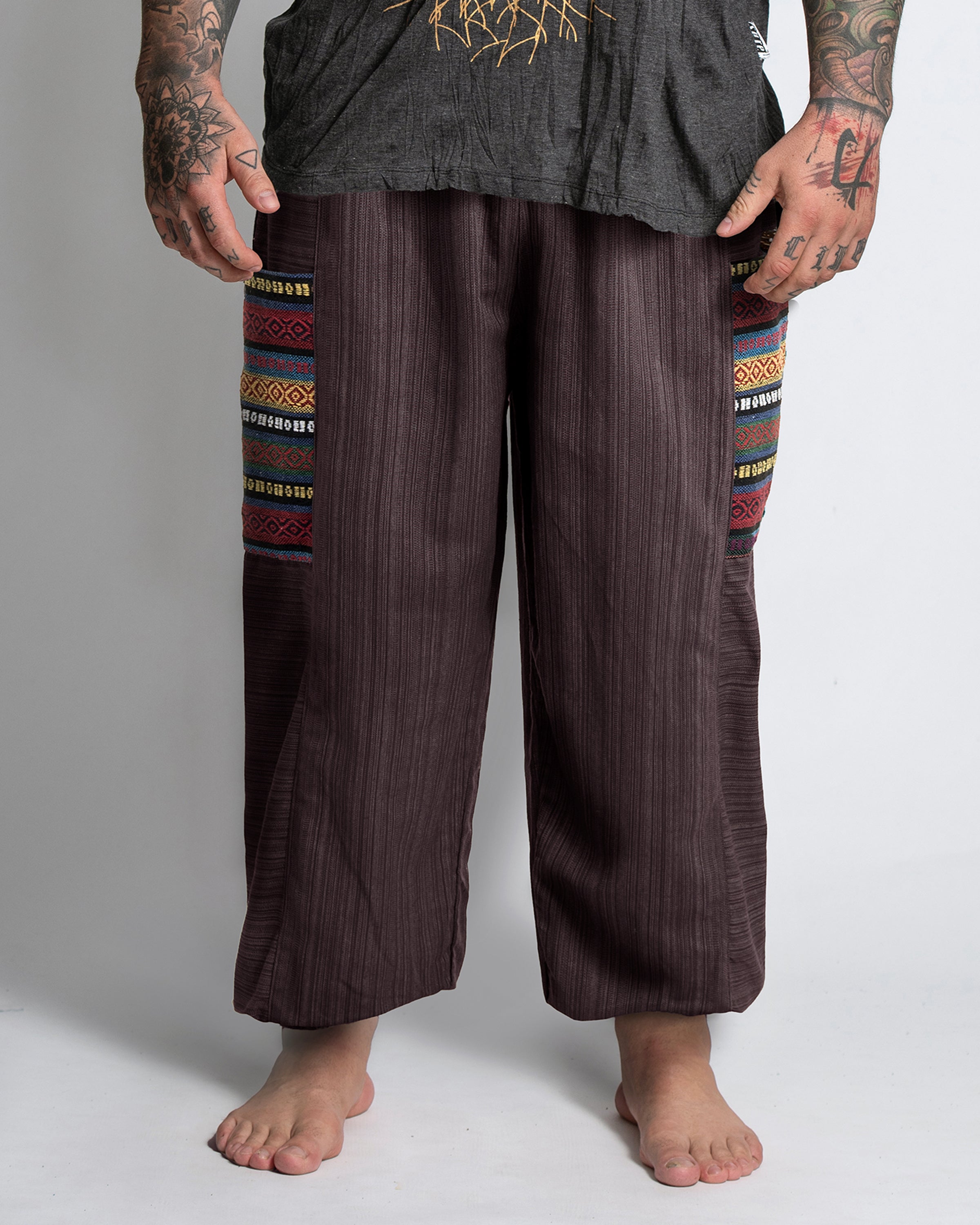Plus Size Men's Drawstring Pinstripes Cotton Pants with Aztec Pocket in Brown