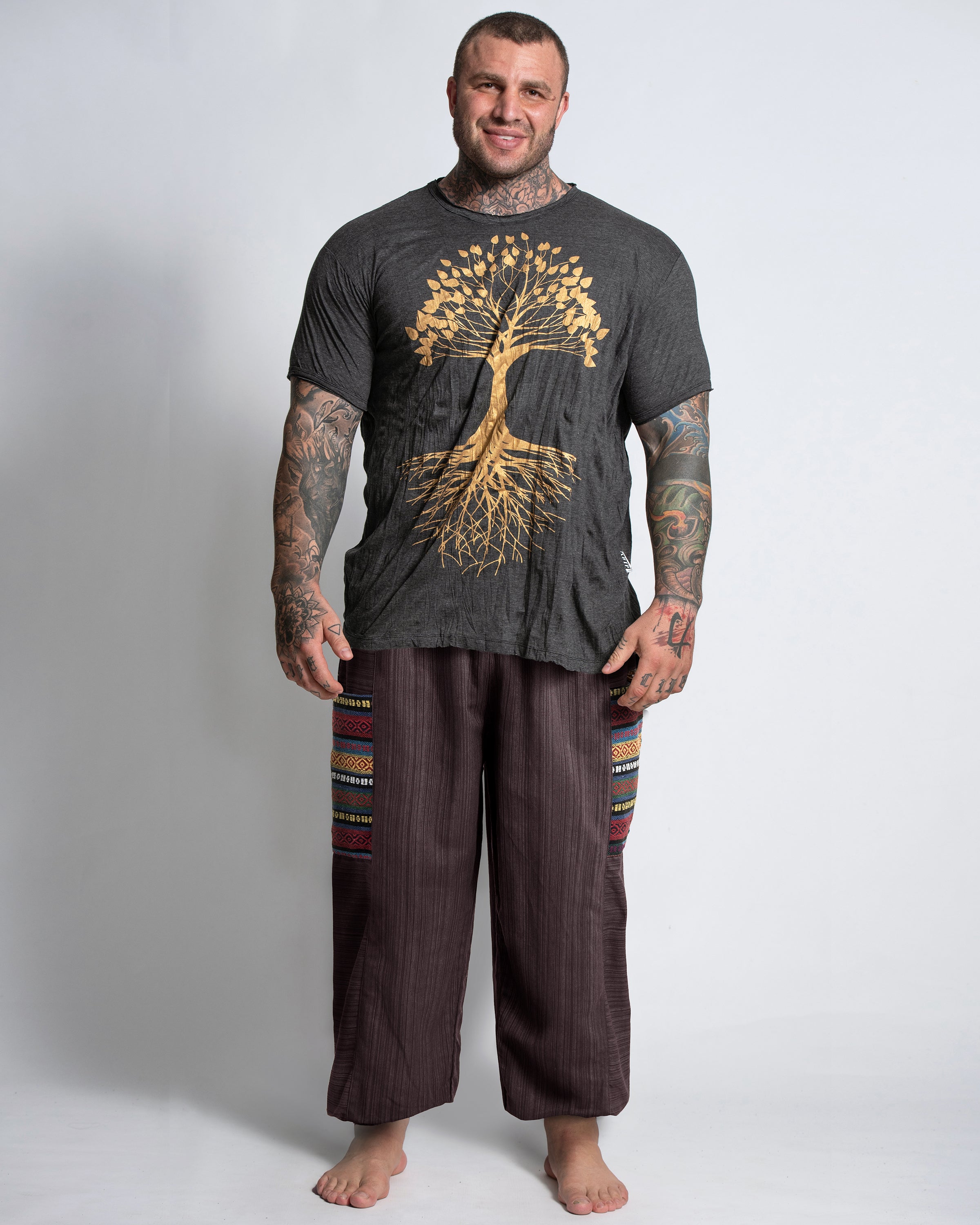 Plus Size Men's Drawstring Pinstripes Cotton Pants with Aztec Pocket in Brown