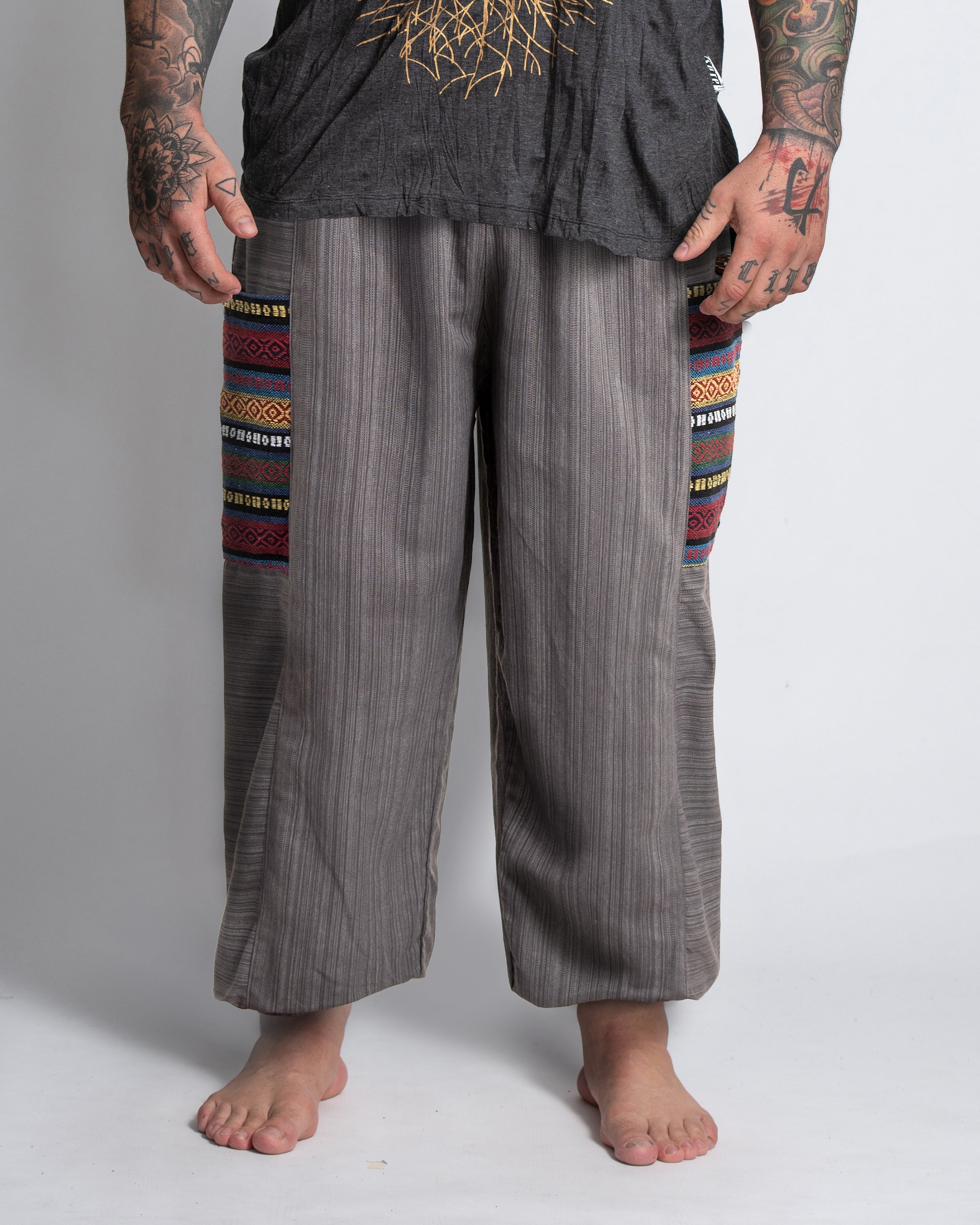 Plus Size Men's Drawstring Pinstripes Cotton Pants with Aztec Pocket in Gray