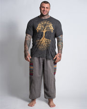Plus Size Men's Drawstring Pinstripes Cotton Pants with Aztec Pocket in Gray