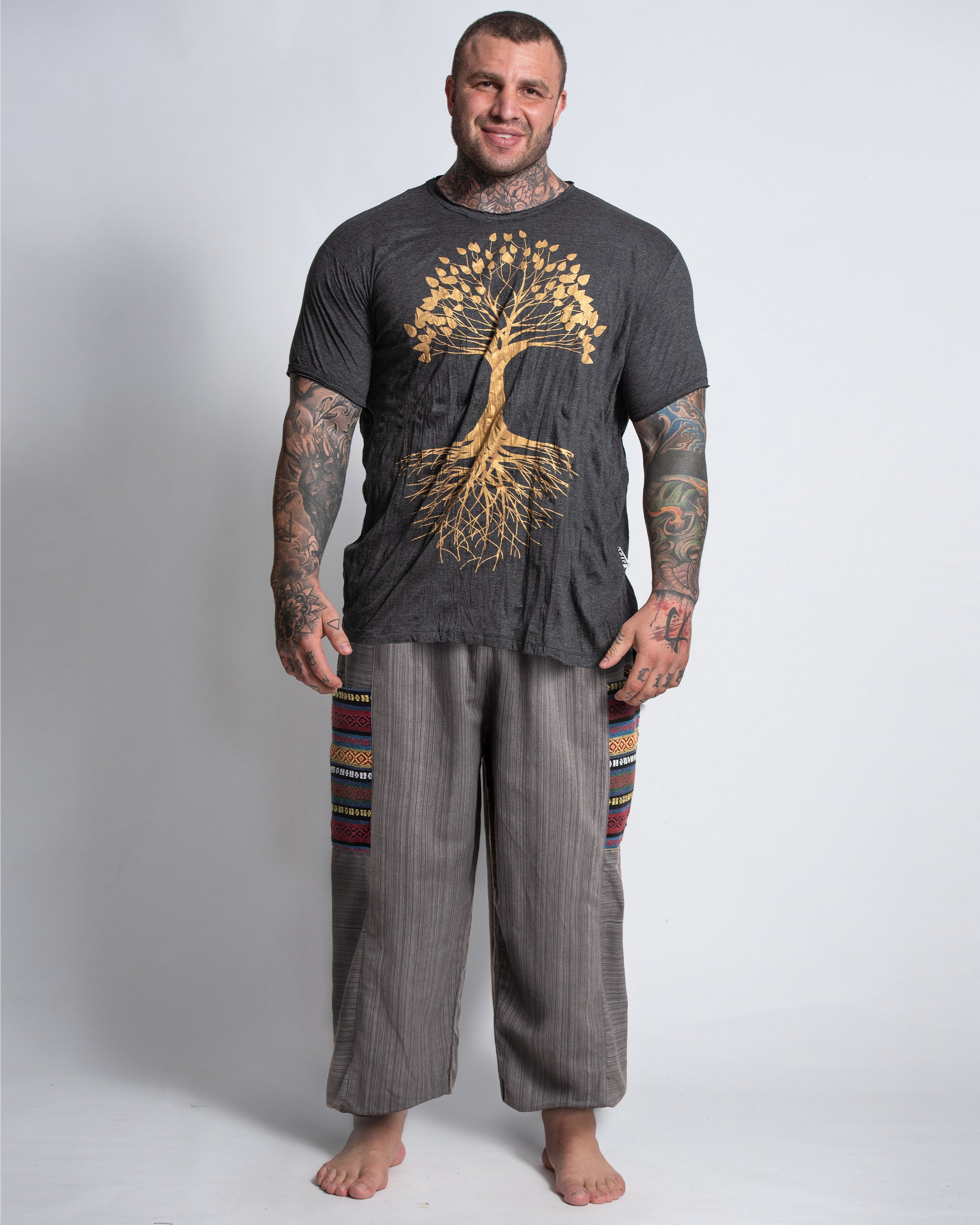 Plus Size Men's Drawstring Pinstripes Cotton Pants with Aztec Pocket in Gray