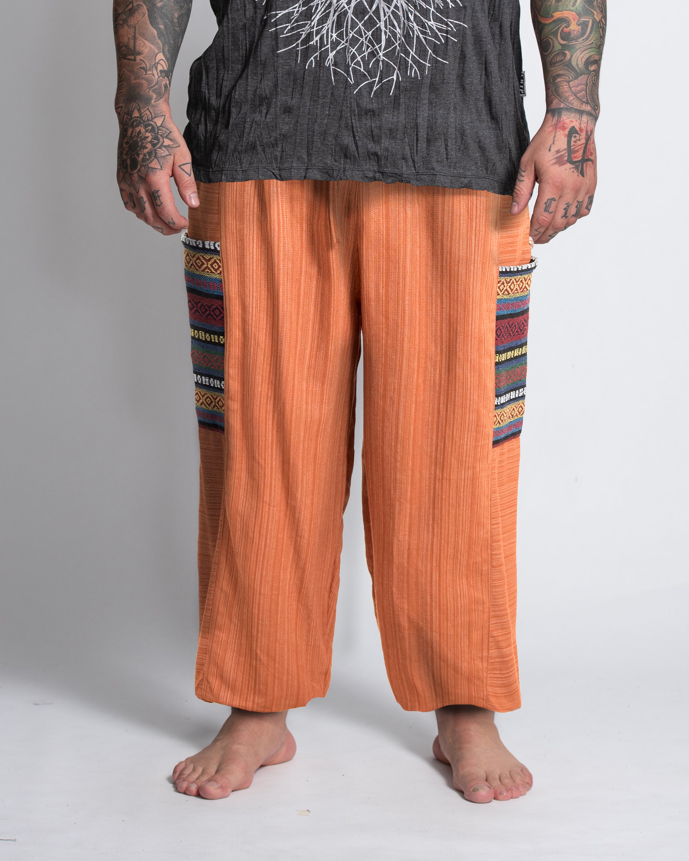 Plus Size Men's Drawstring Pinstripes Cotton Pants with Aztec Pocket in Orange