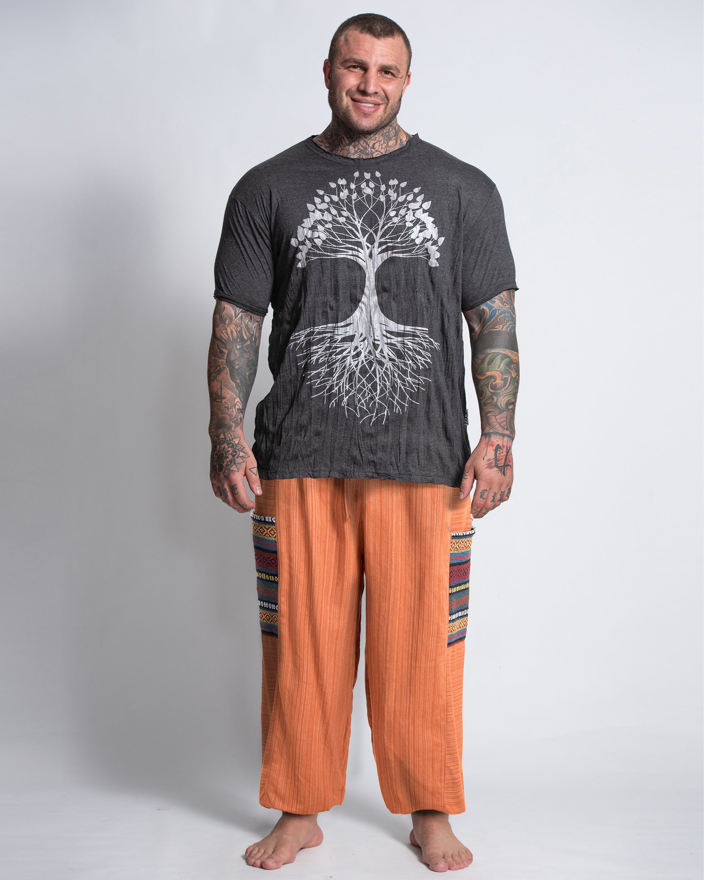 Plus Size Men's Drawstring Pinstripes Cotton Pants with Aztec Pocket in Orange