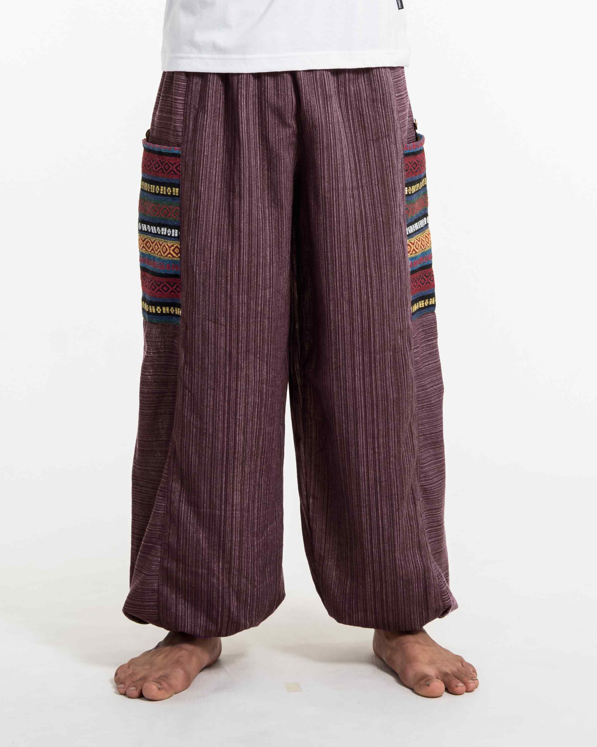 Men's Drawstring Pinstripes Cotton Pants with Aztec Pocket in Burgandy