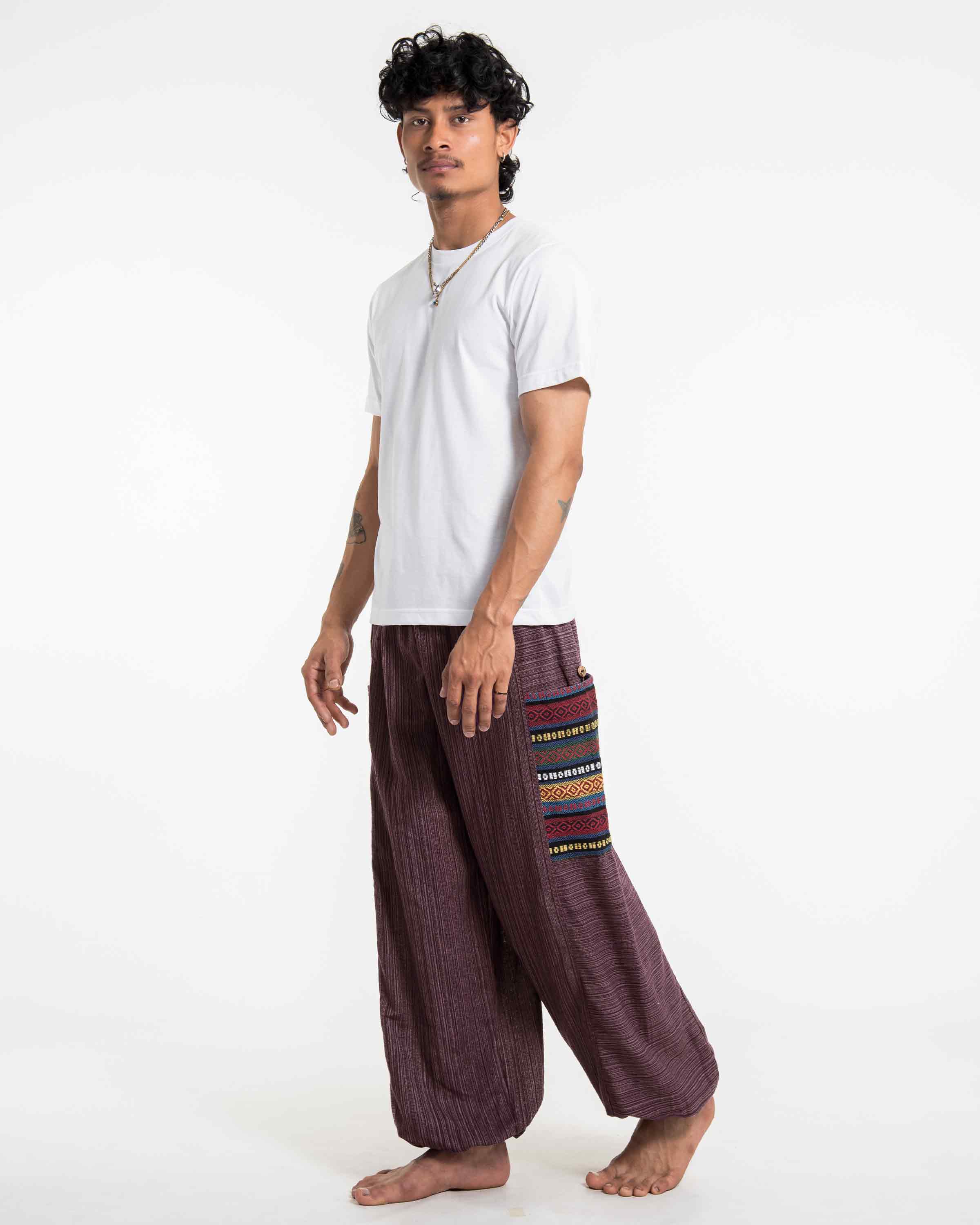 Men's Drawstring Pinstripes Cotton Pants with Aztec Pocket in Burgandy