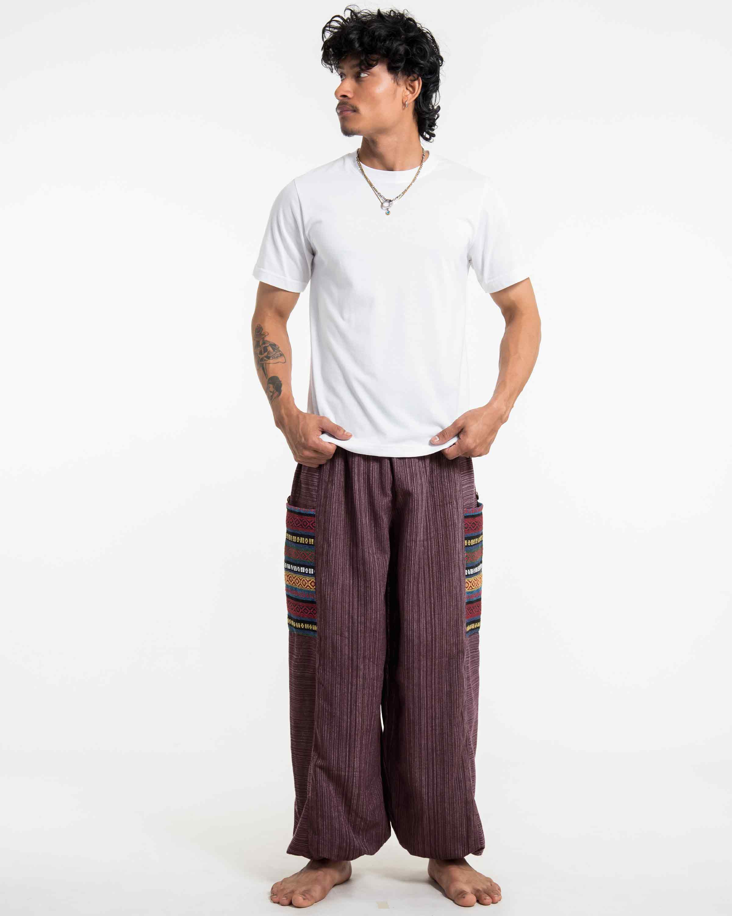 Men's Drawstring Pinstripes Cotton Pants with Aztec Pocket in Burgandy