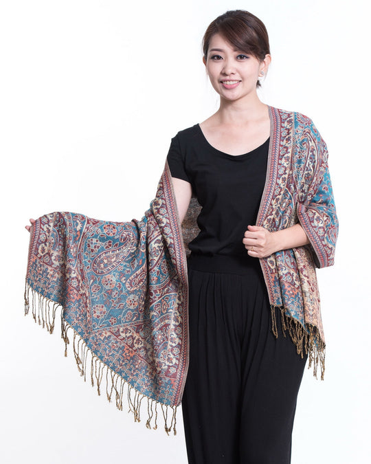 Nepal Traditional Paisley Pashmina Shawl Scarf in Blue