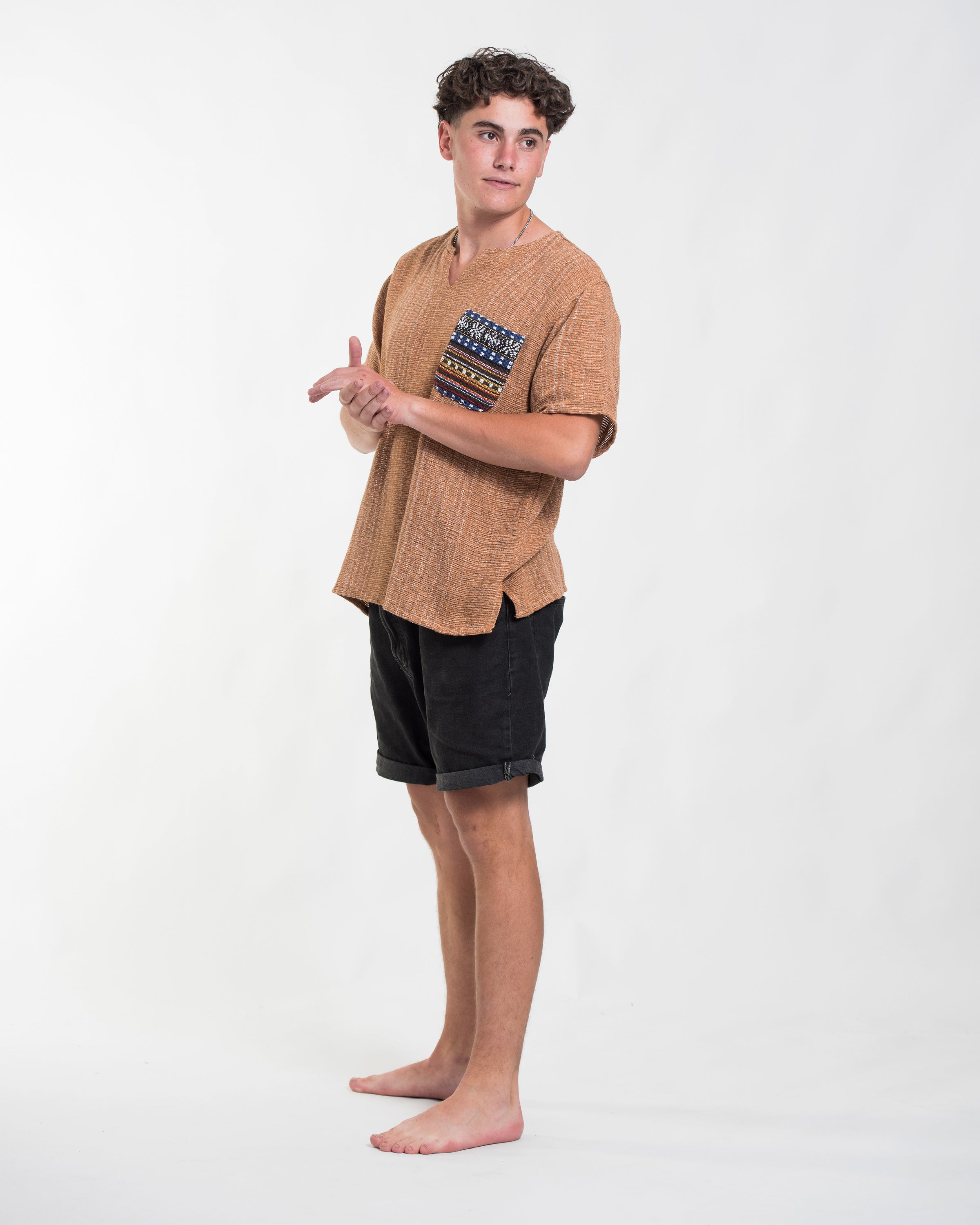 Unisex Woven Cotton Shirt with Tribal Pocket in Beige