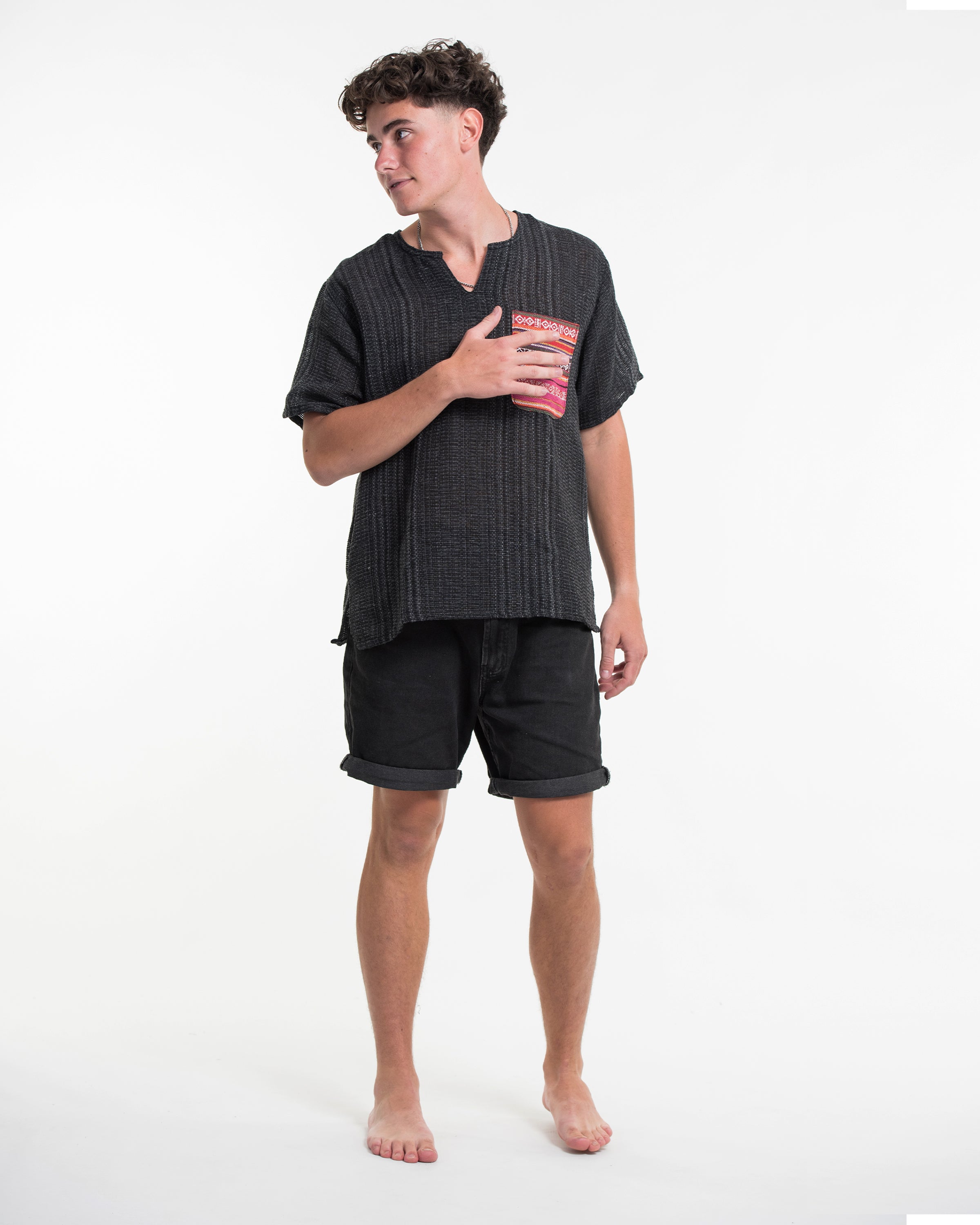Unisex Woven Cotton Shirt with Tribal Pocket in Black