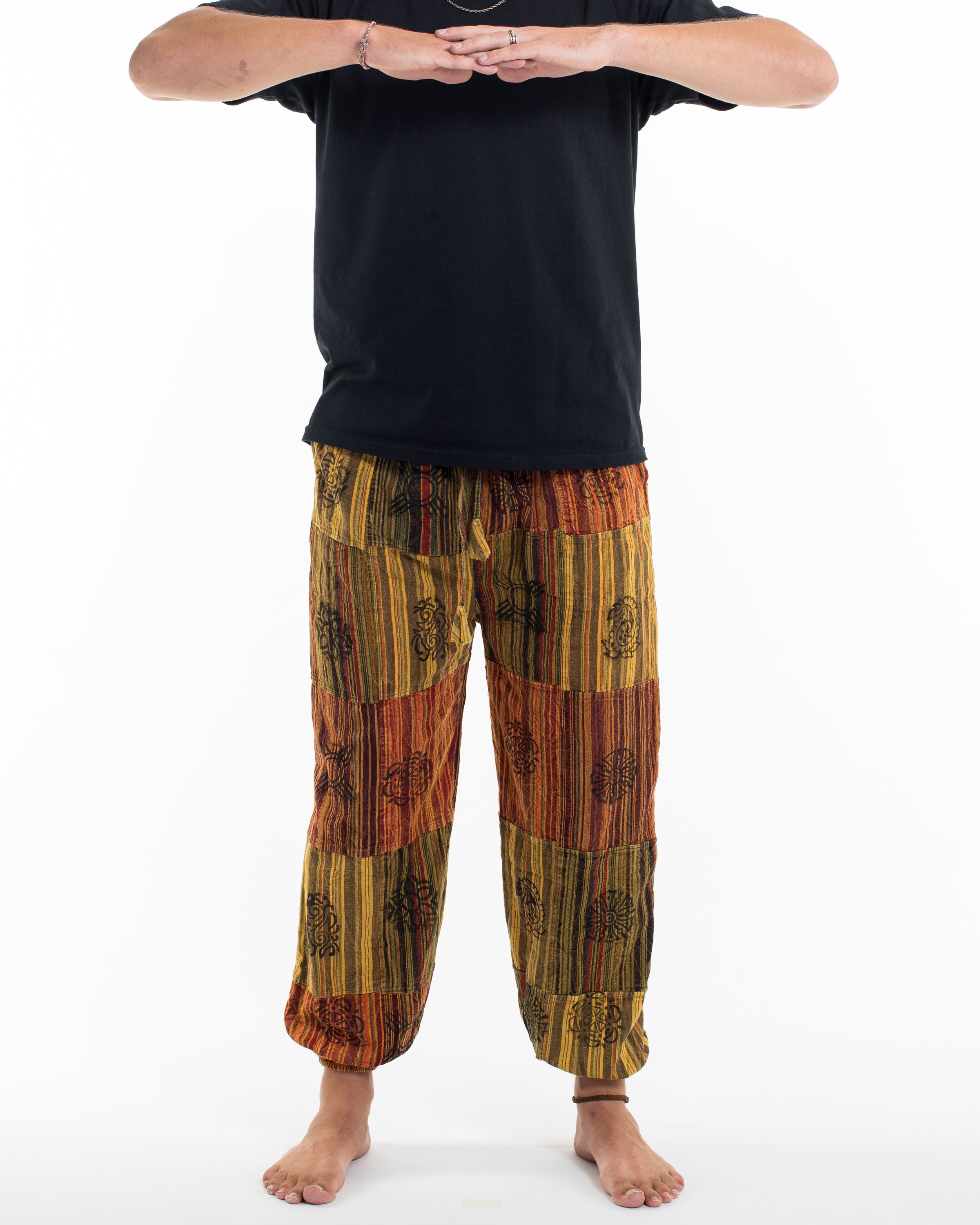 Men's Patchwork Block-Printed Harem Pants in Yellow