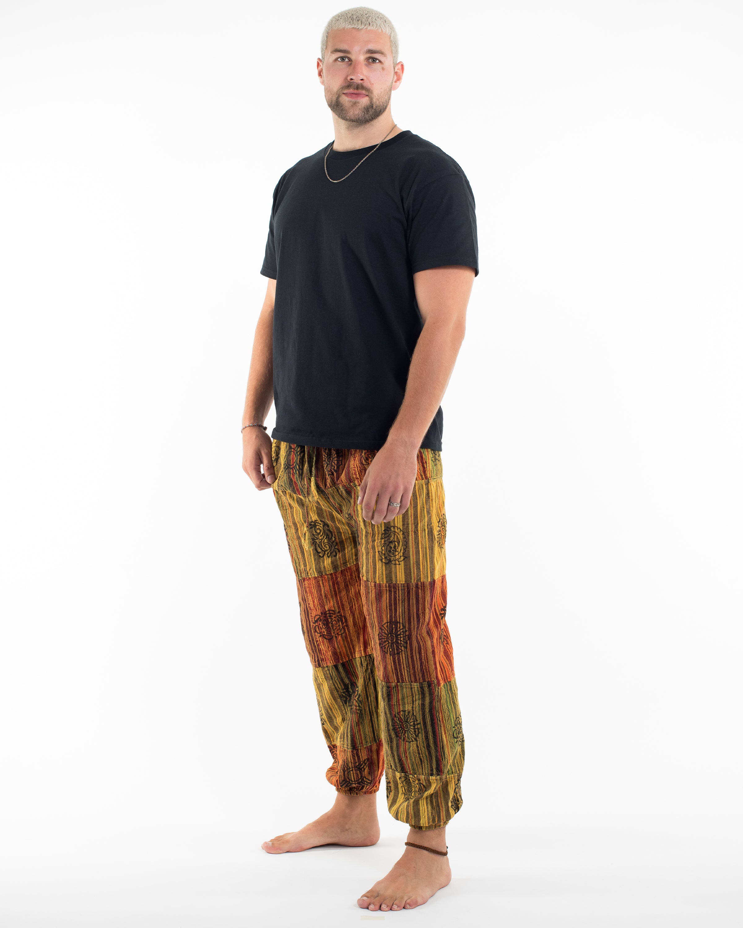 Men's Patchwork Block-Printed Harem Pants in Yellow