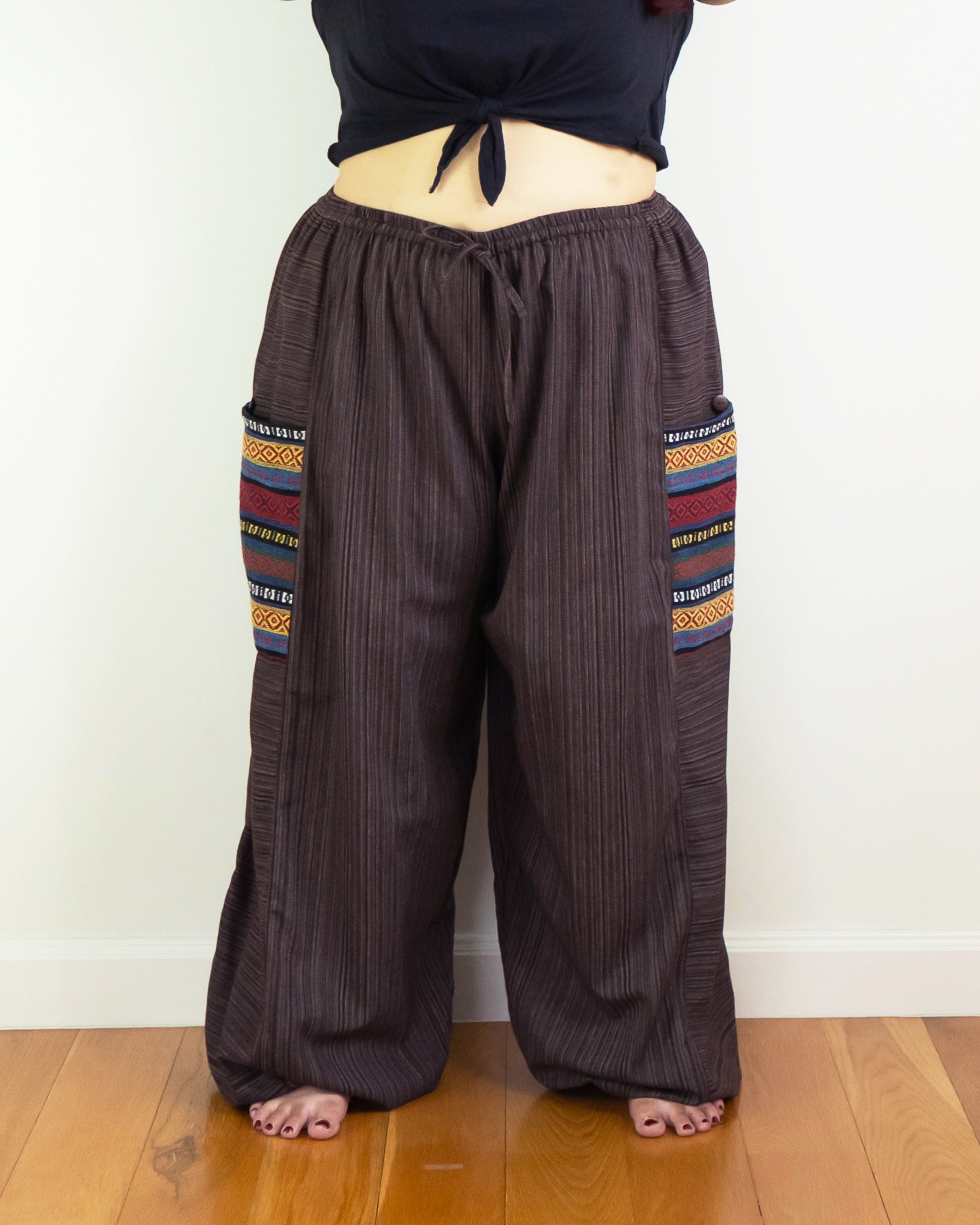 Plus Size Women's Drawstring Pinstripes Cotton Pants with Aztec Pocket in Brown