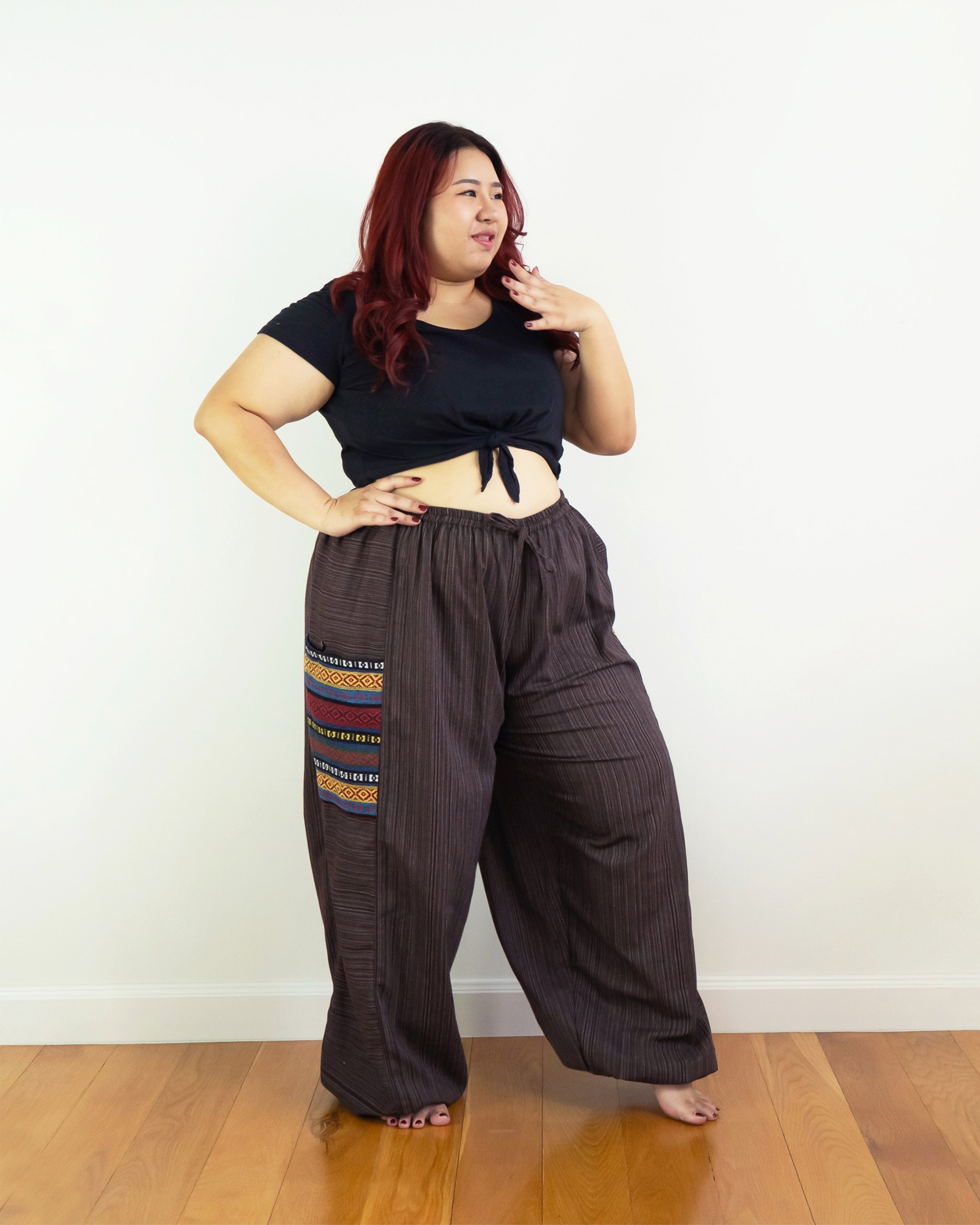 Plus Size Women's Drawstring Pinstripes Cotton Pants with Aztec Pocket in Brown