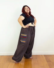 Plus Size Women's Drawstring Pinstripes Cotton Pants with Aztec Pocket in Brown