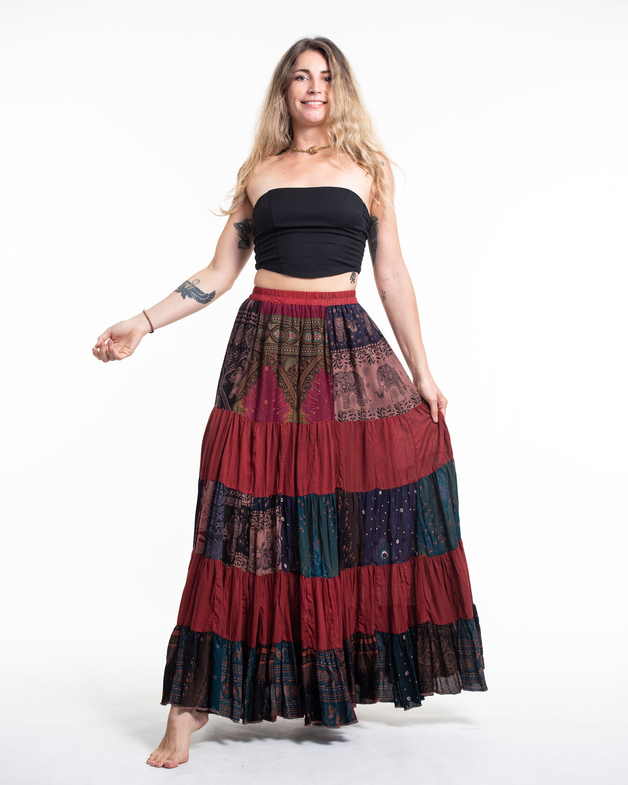 Patchwork Long Skirt in Brick