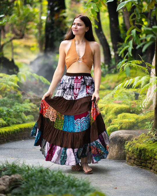 Patchwork Long Skirt in Brown