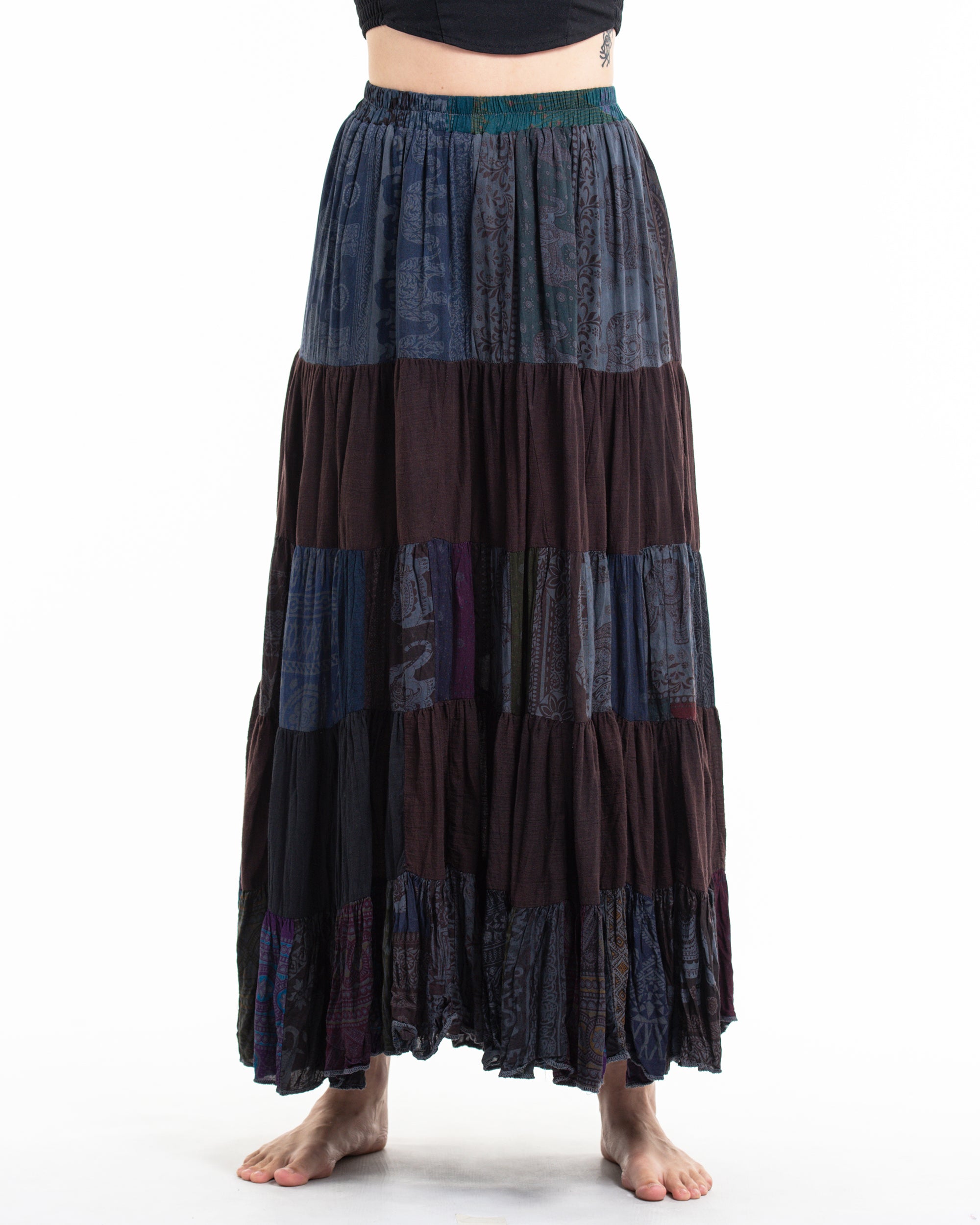 Patchwork Long Skirt in Chocolate Brown