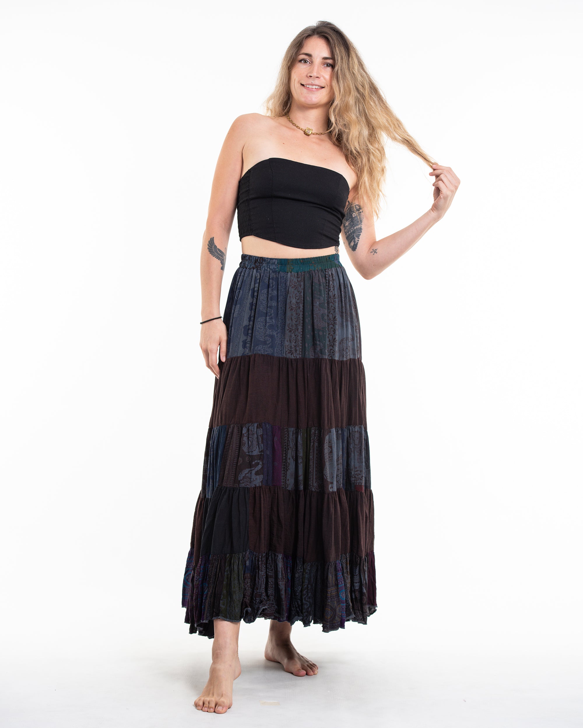 Patchwork Long Skirt in Chocolate Brown