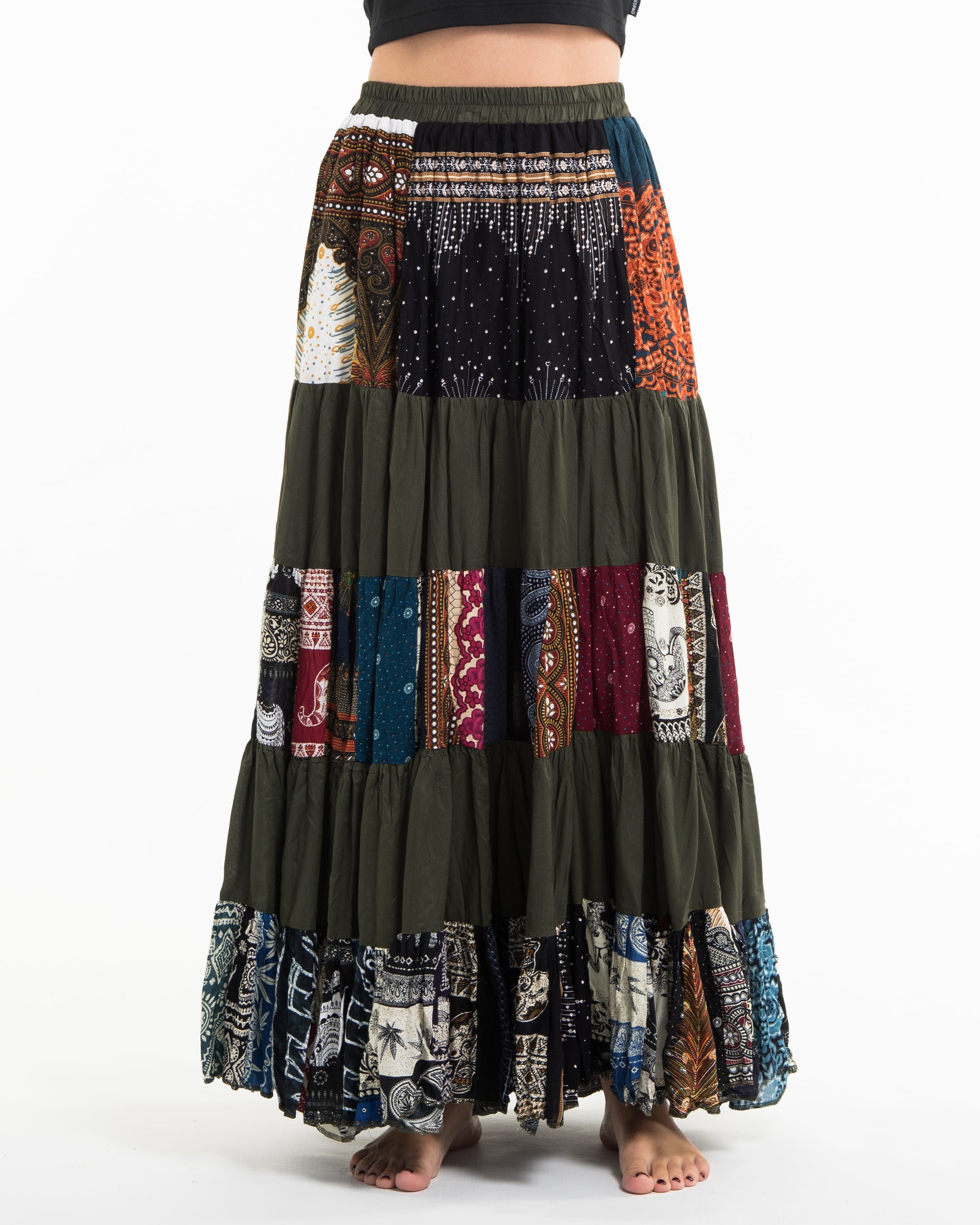 Patchwork Long Skirt in Dark Green