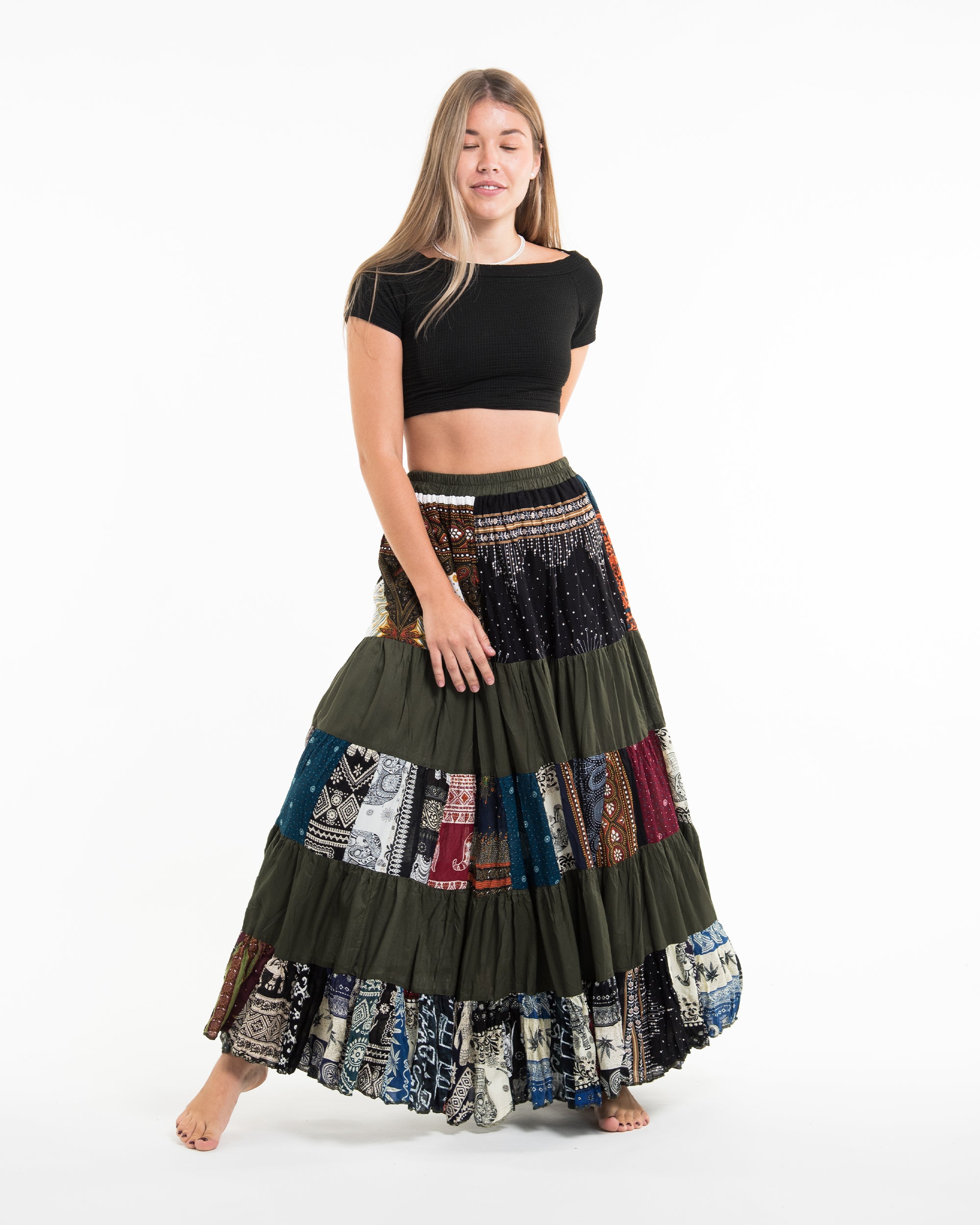 Patchwork Long Skirt in Dark Green