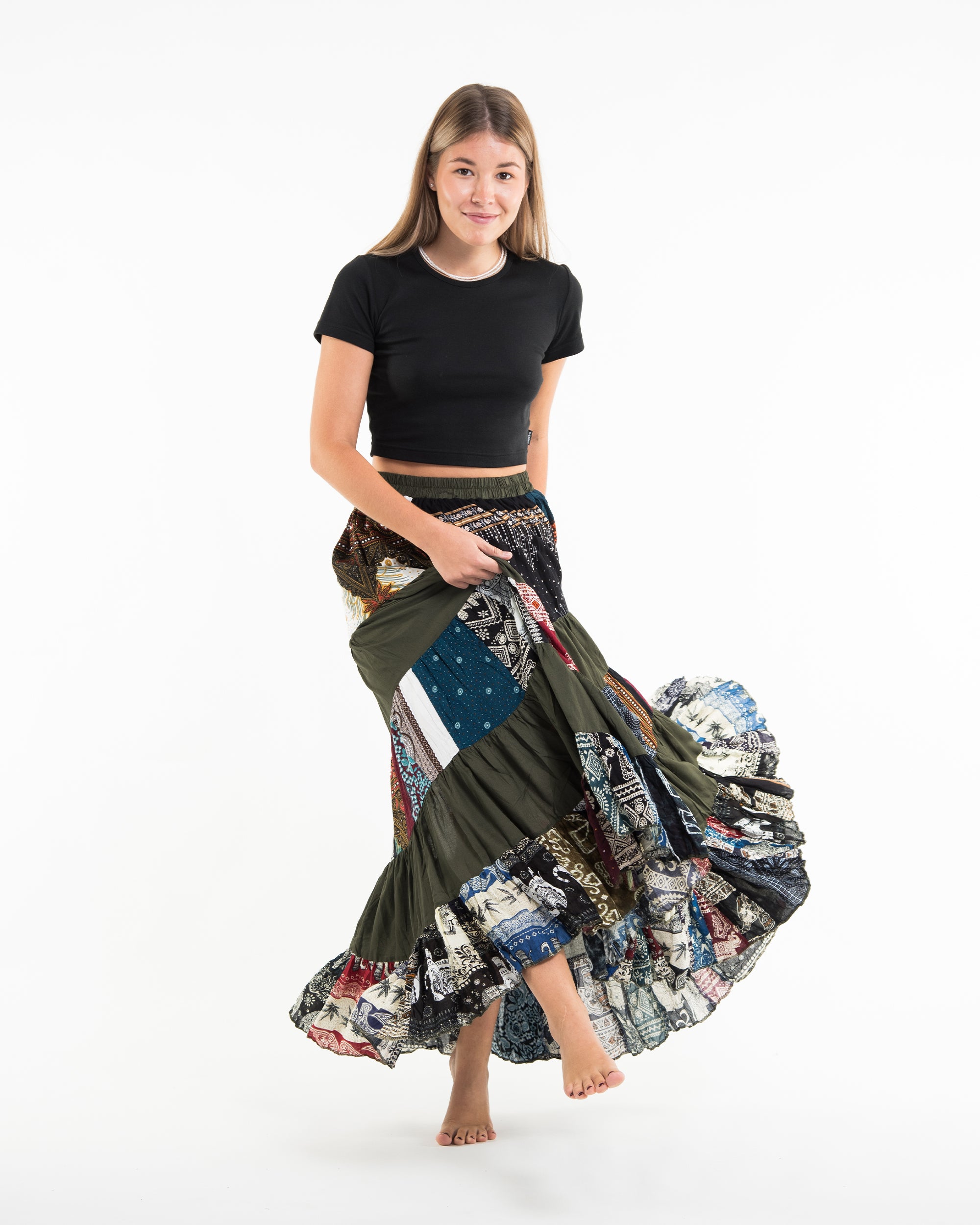 Patchwork Long Skirt in Dark Green