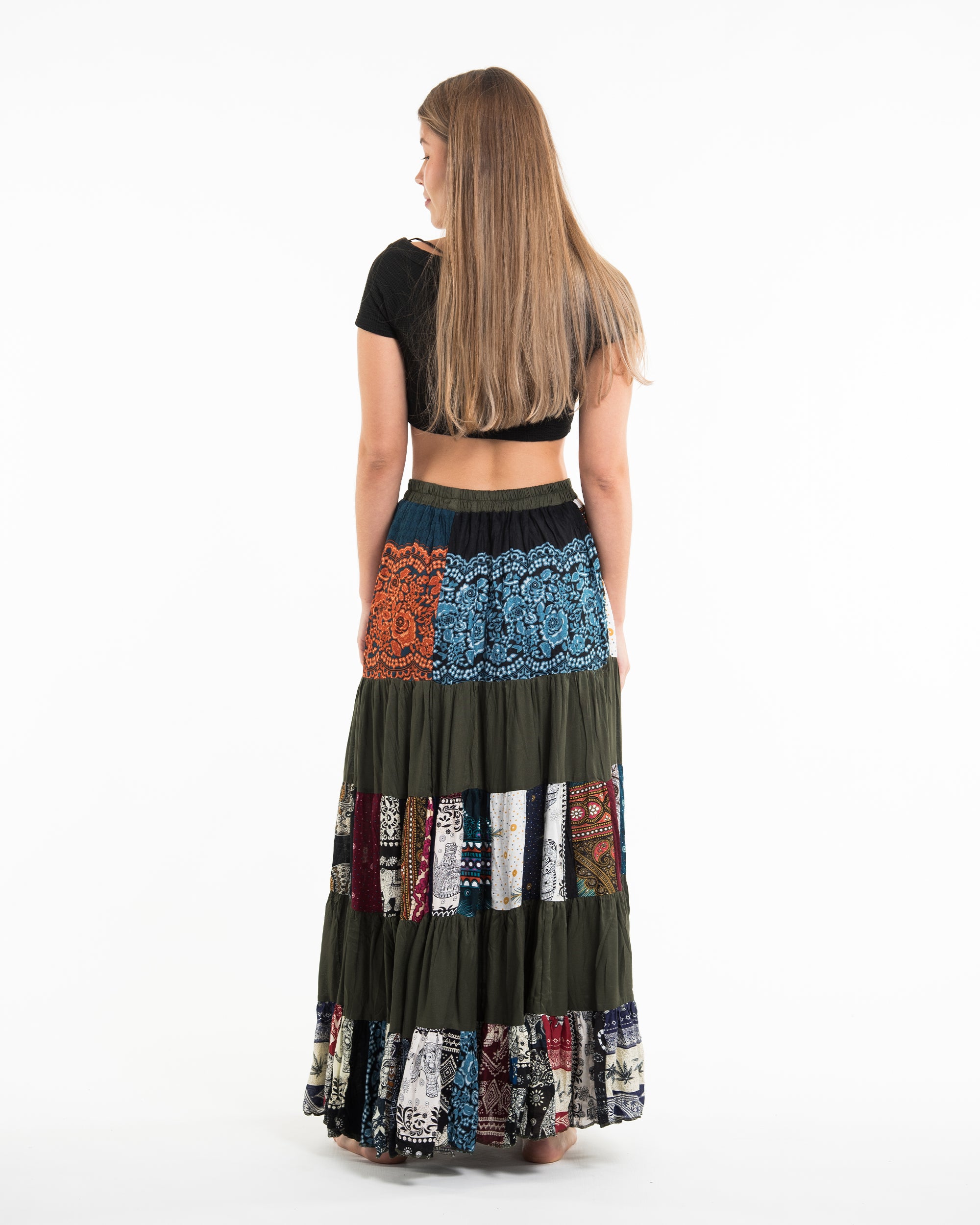 Patchwork Long Skirt in Dark Green