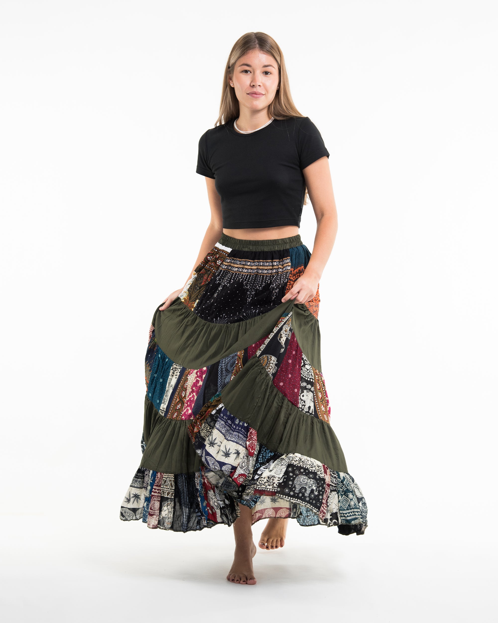 Patchwork Long Skirt in Dark Green