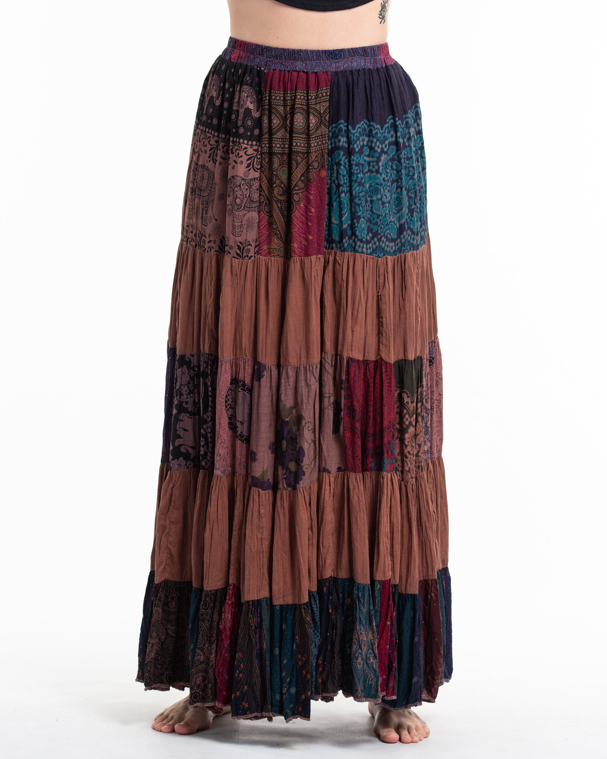 Patchwork Long Skirt in Light Brown