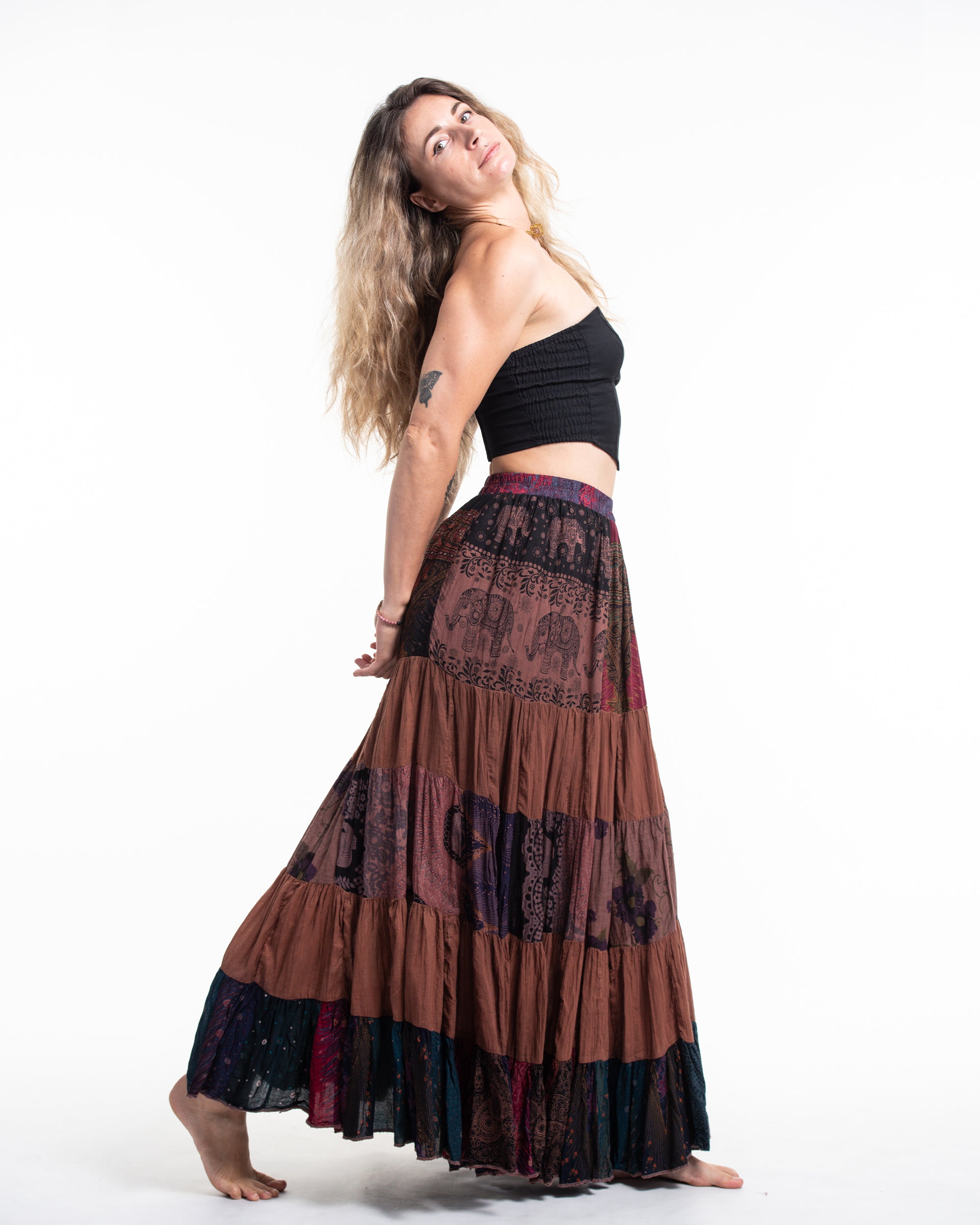 Patchwork Long Skirt in Light Brown