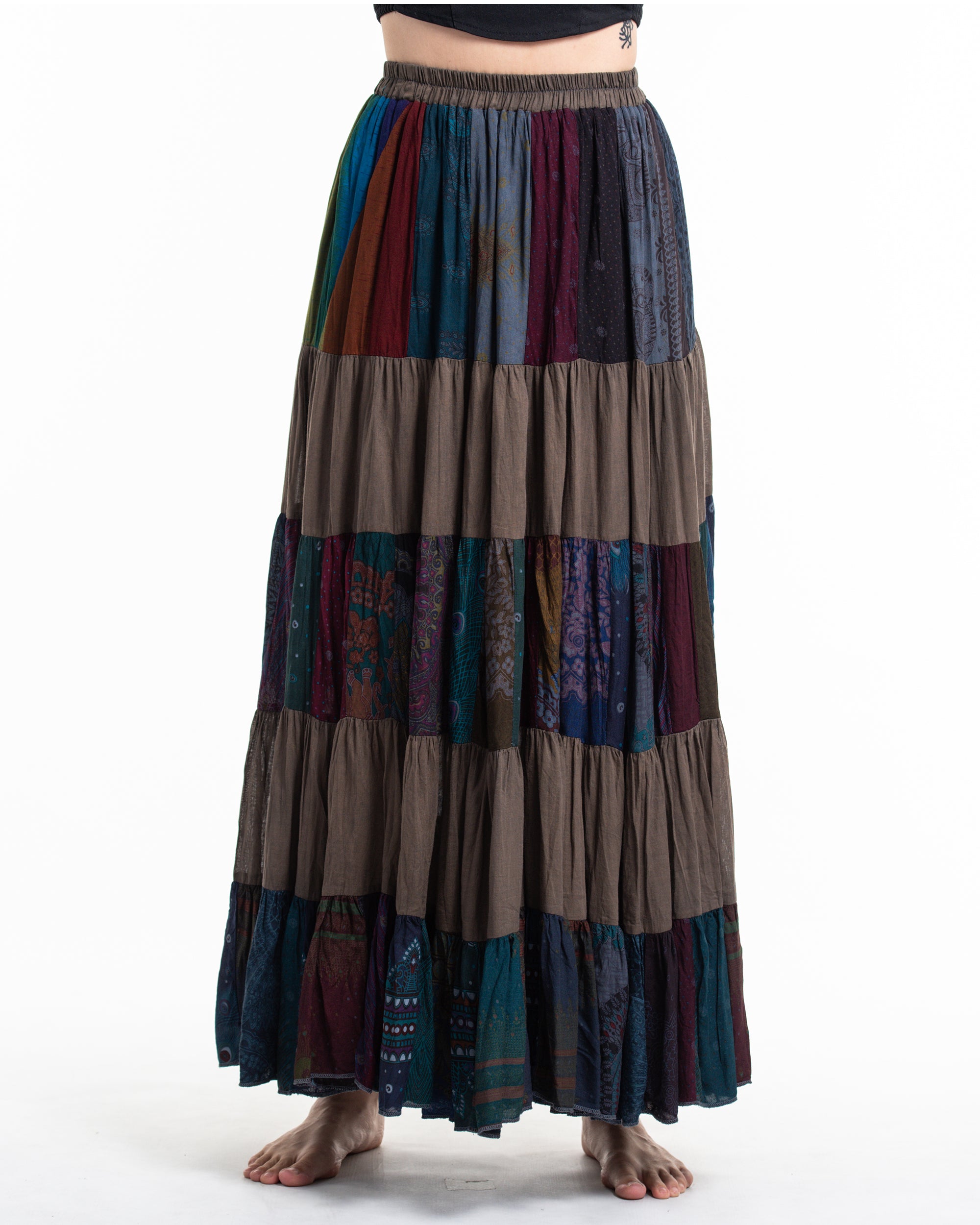 Patchwork Long Skirt in Mocha Brown