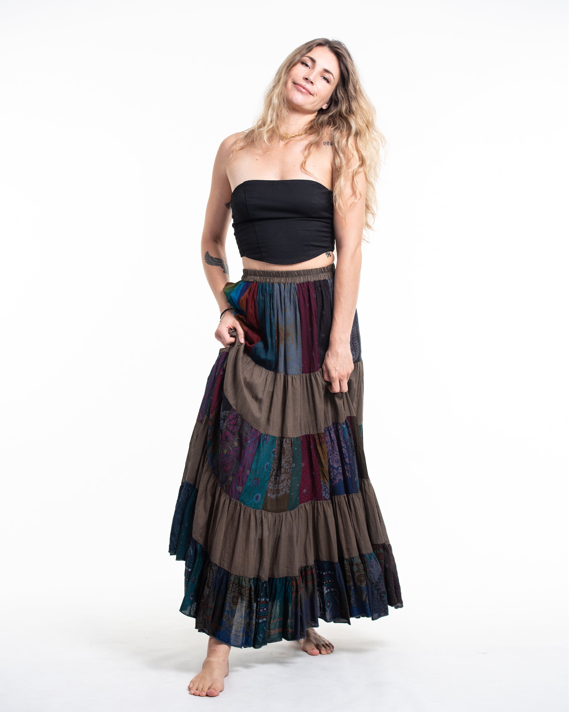 Patchwork Long Skirt in Mocha Brown