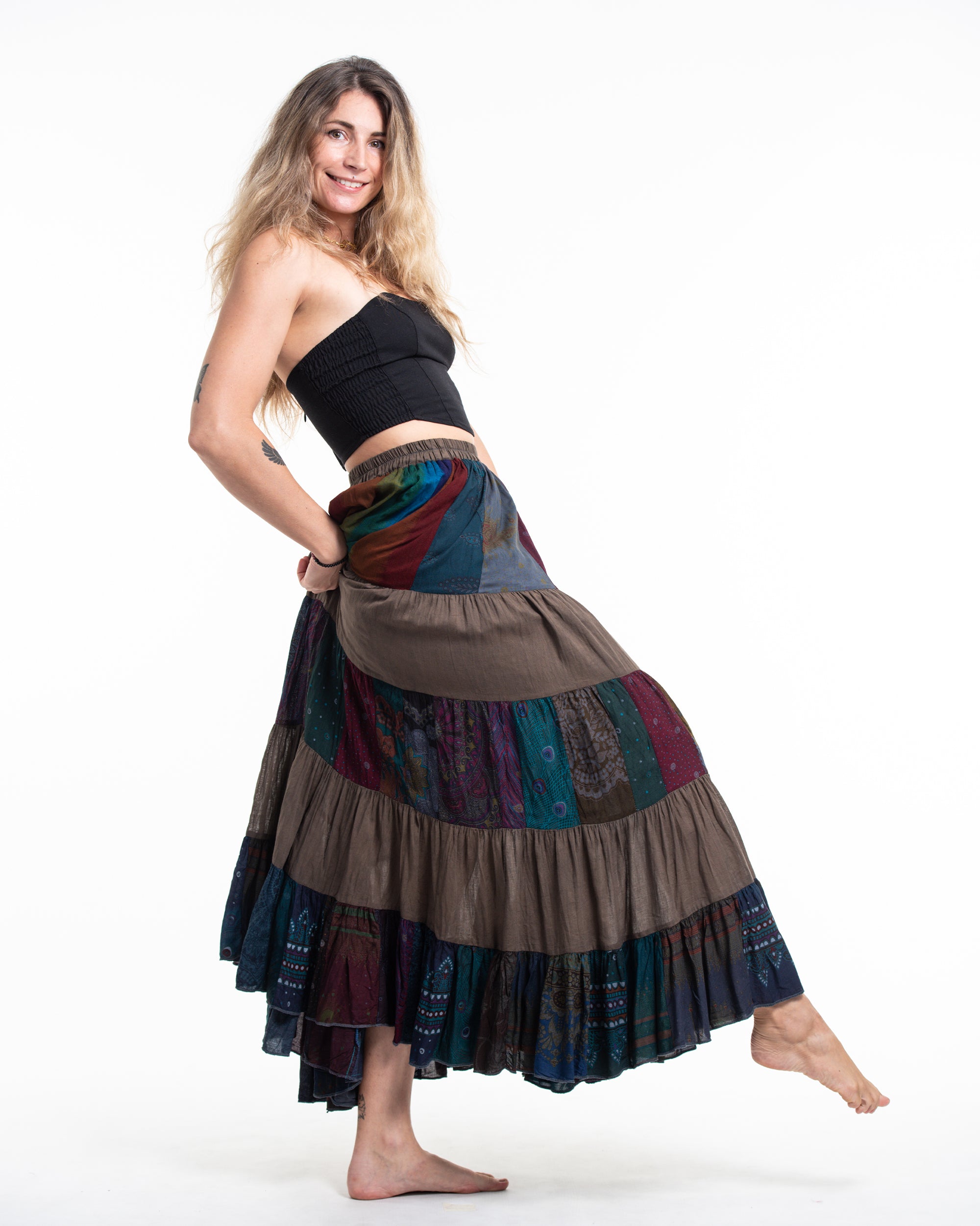 Patchwork Long Skirt in Mocha Brown