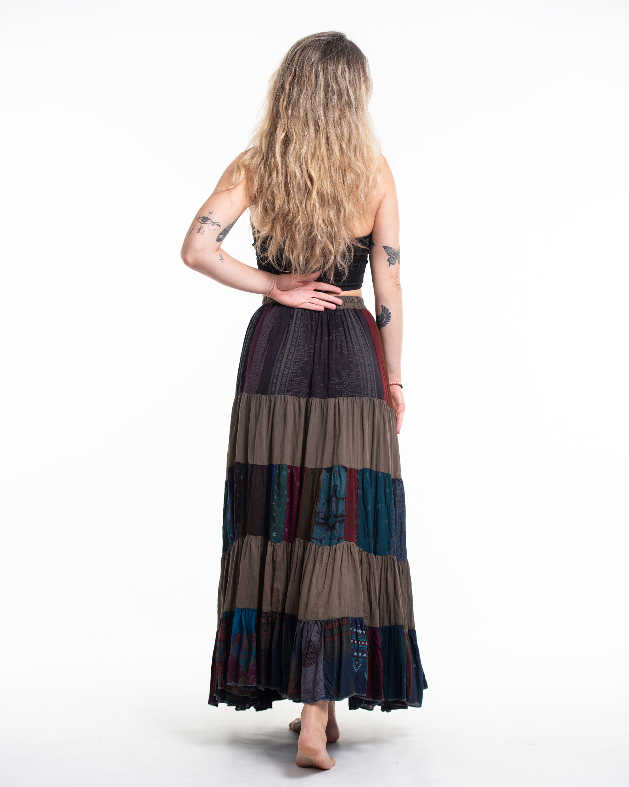 Patchwork Long Skirt in Mocha Brown