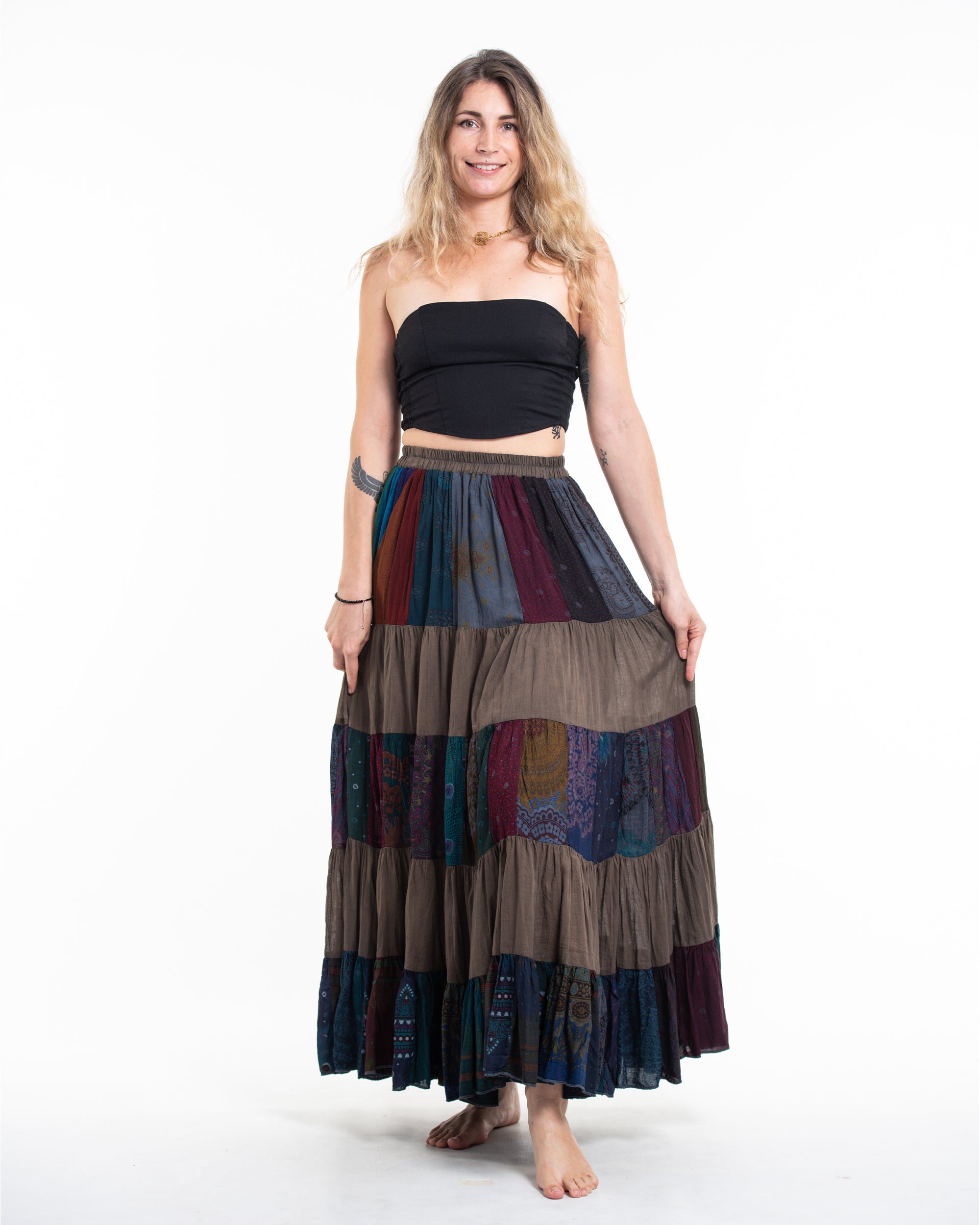 Patchwork Long Skirt in Mocha Brown