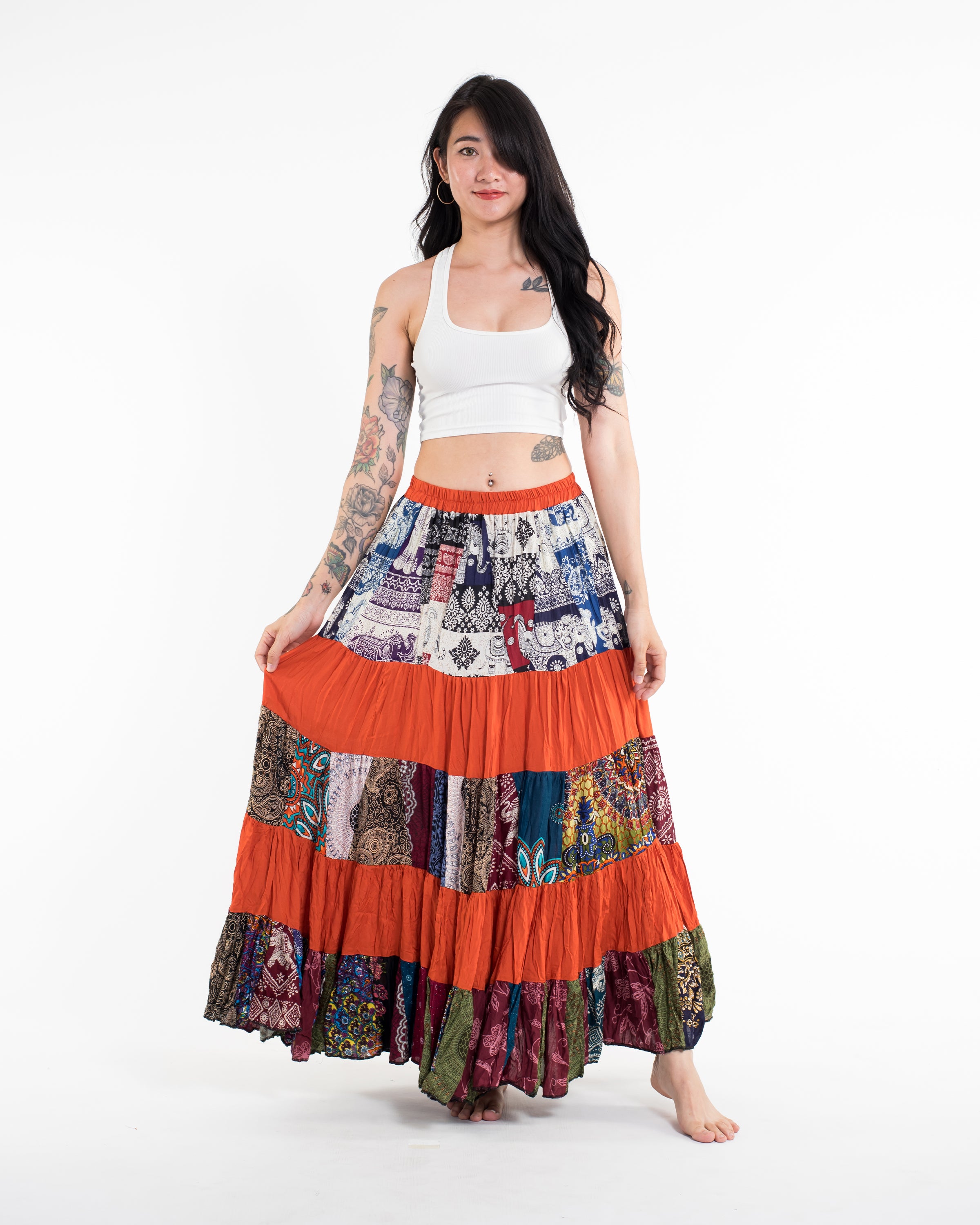 Patchwork Long Skirt in Bright Orange