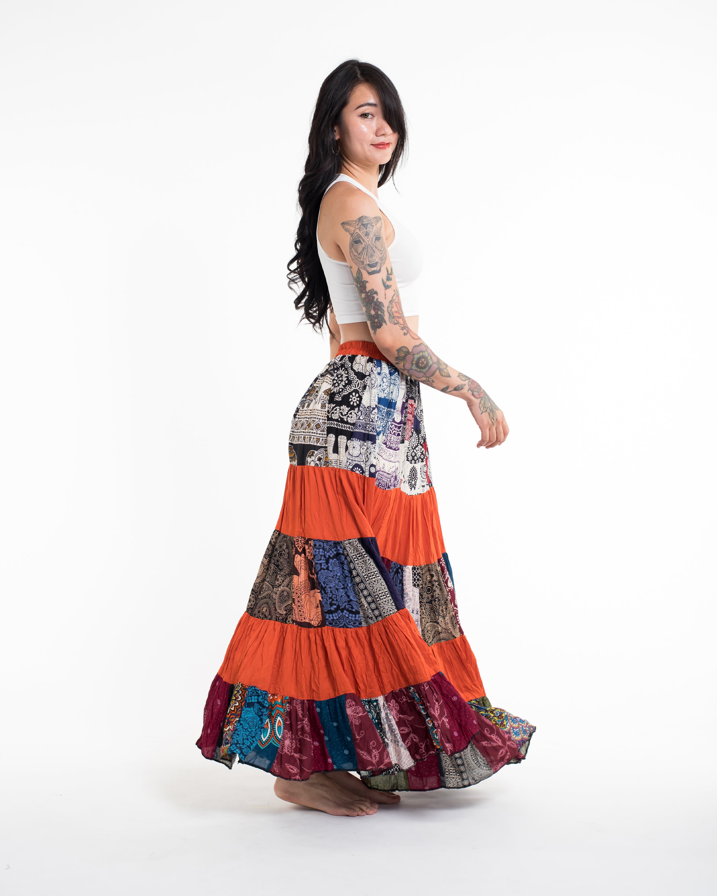Patchwork Long Skirt in Bright Orange