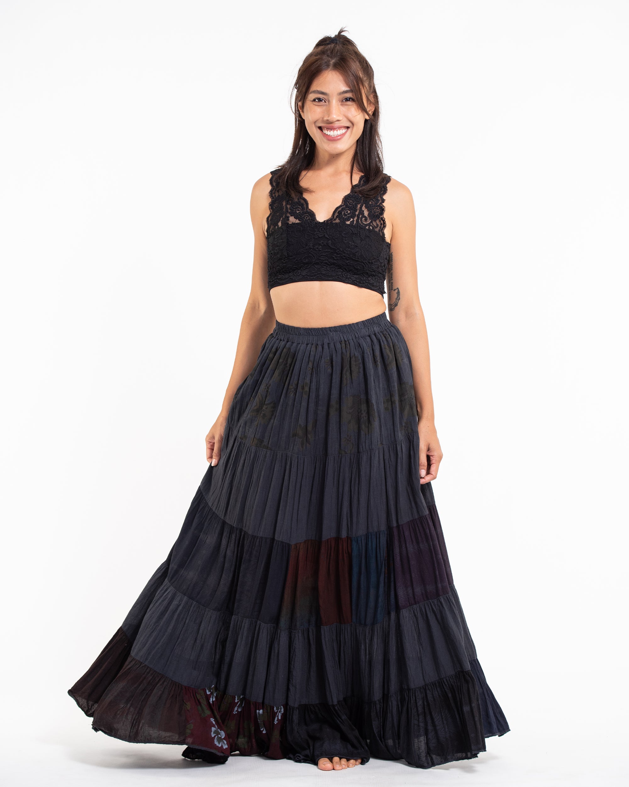 Patchwork Long Skirt in Shadow Black