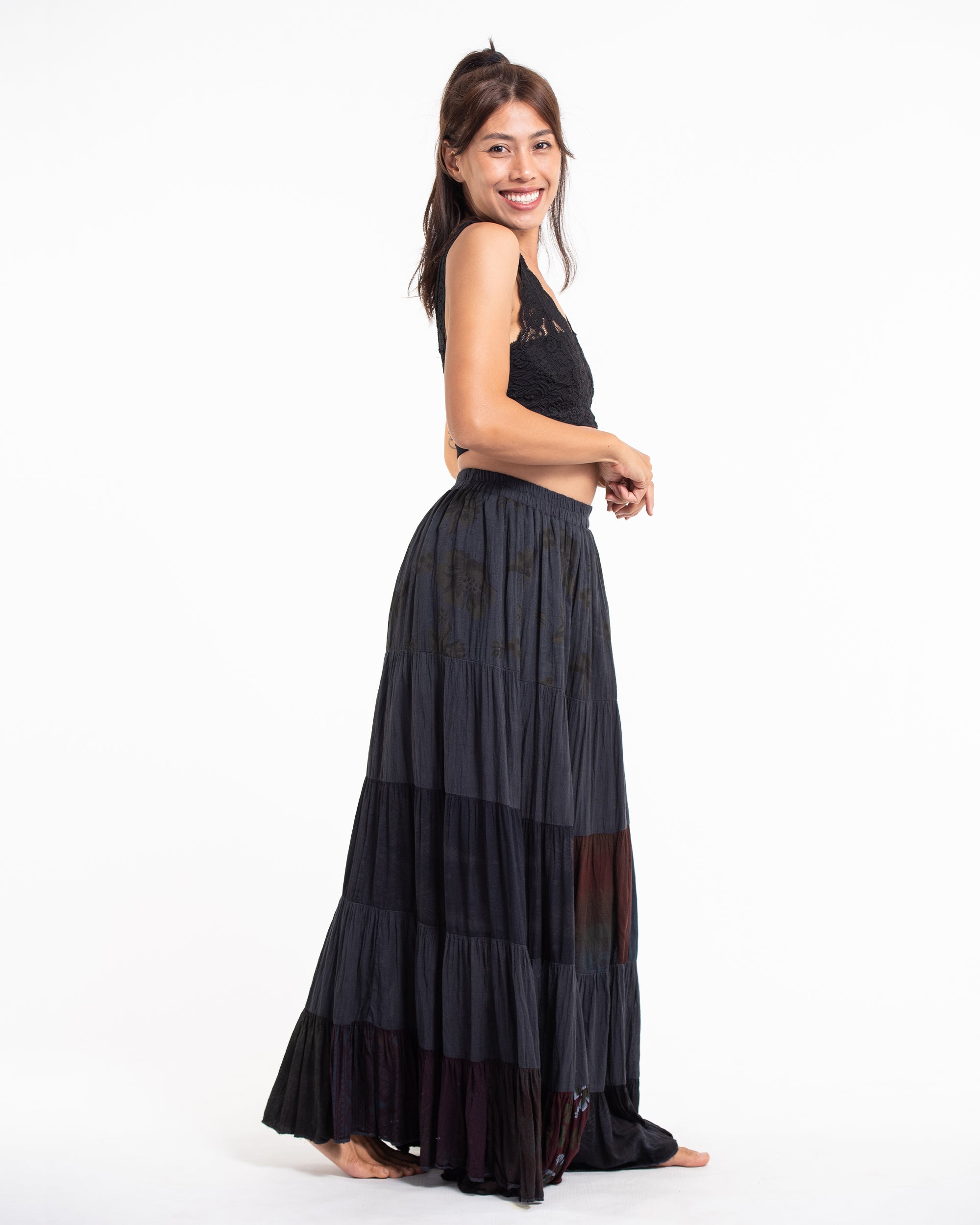 Patchwork Long Skirt in Shadow Black