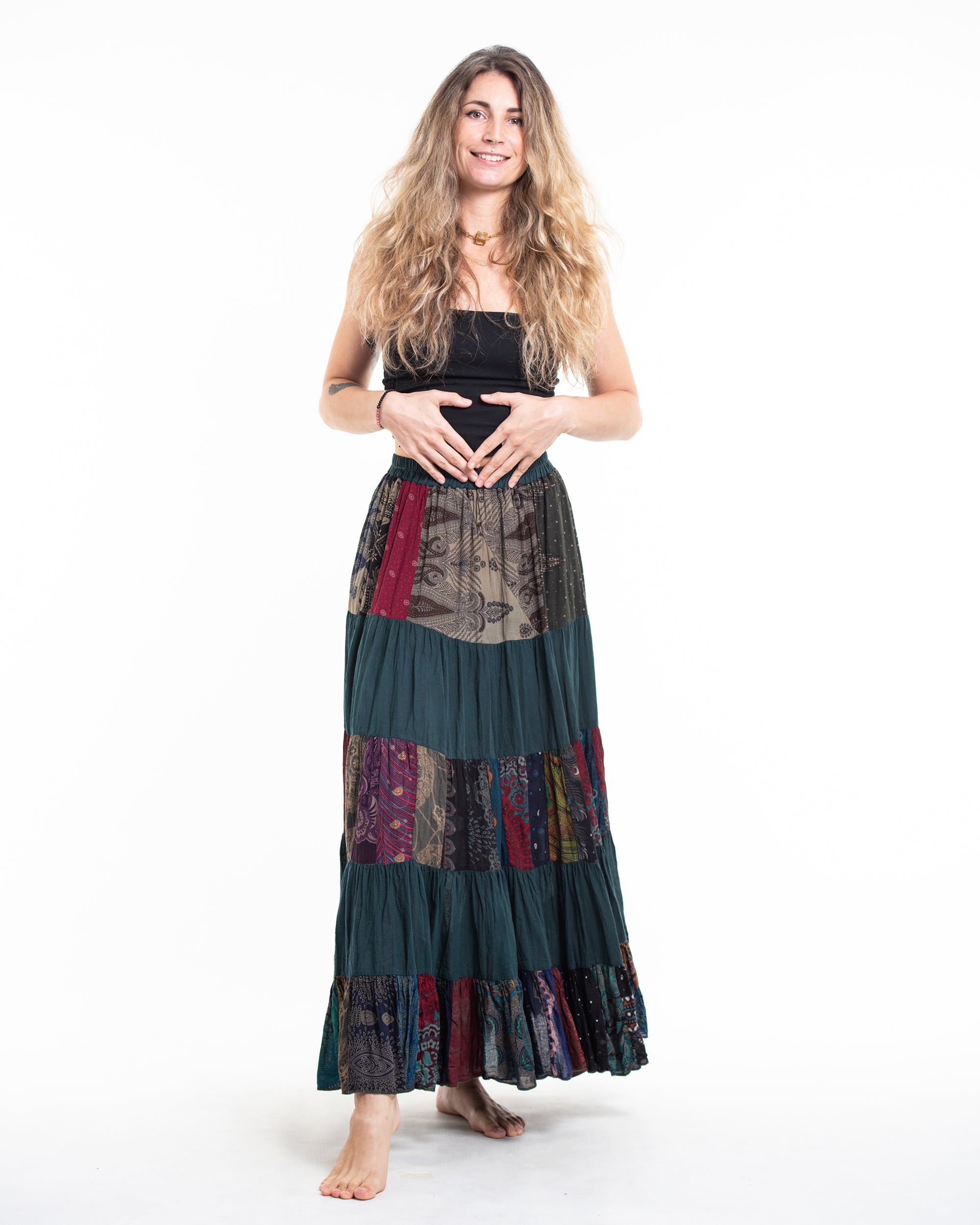 Patchwork Long Skirt in Teal