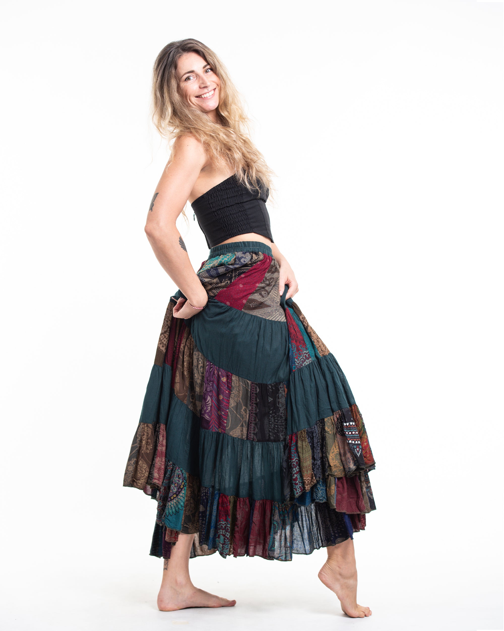 Patchwork Long Skirt in Teal