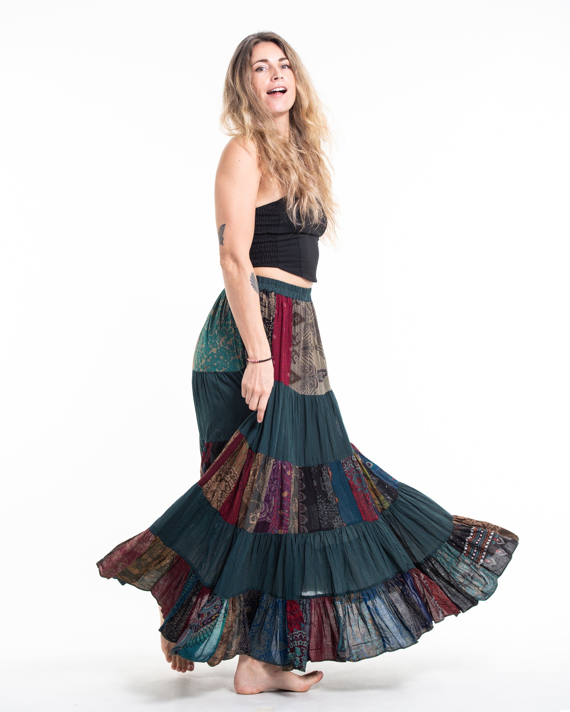 Patchwork Long Skirt in Teal