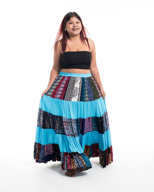 Plus Size Patchwork Long Skirt in Blue