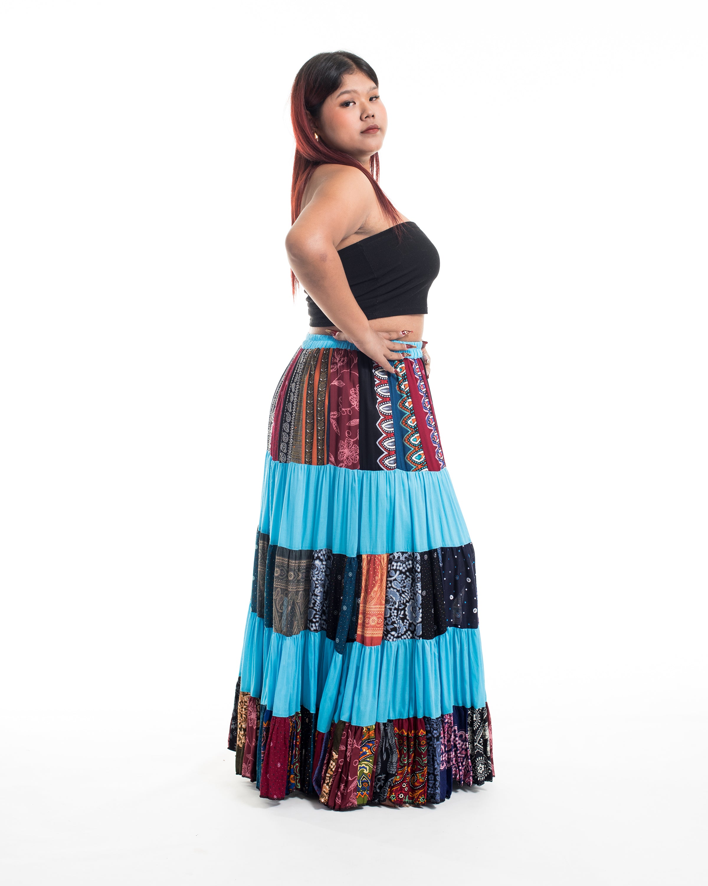 Plus Size Patchwork Long Skirt in Blue