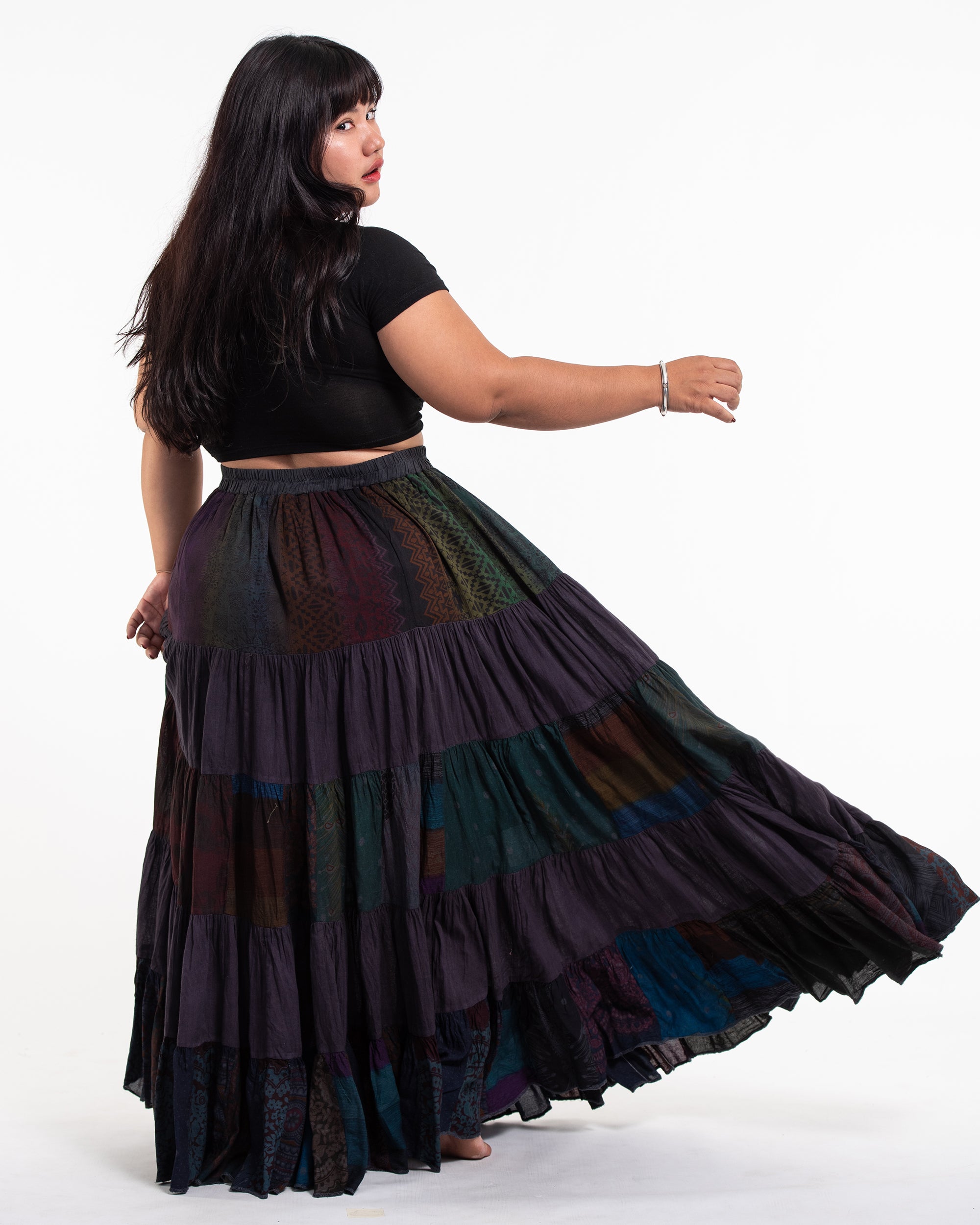 Plus Size Patchwork Long Skirt in Purple Brown