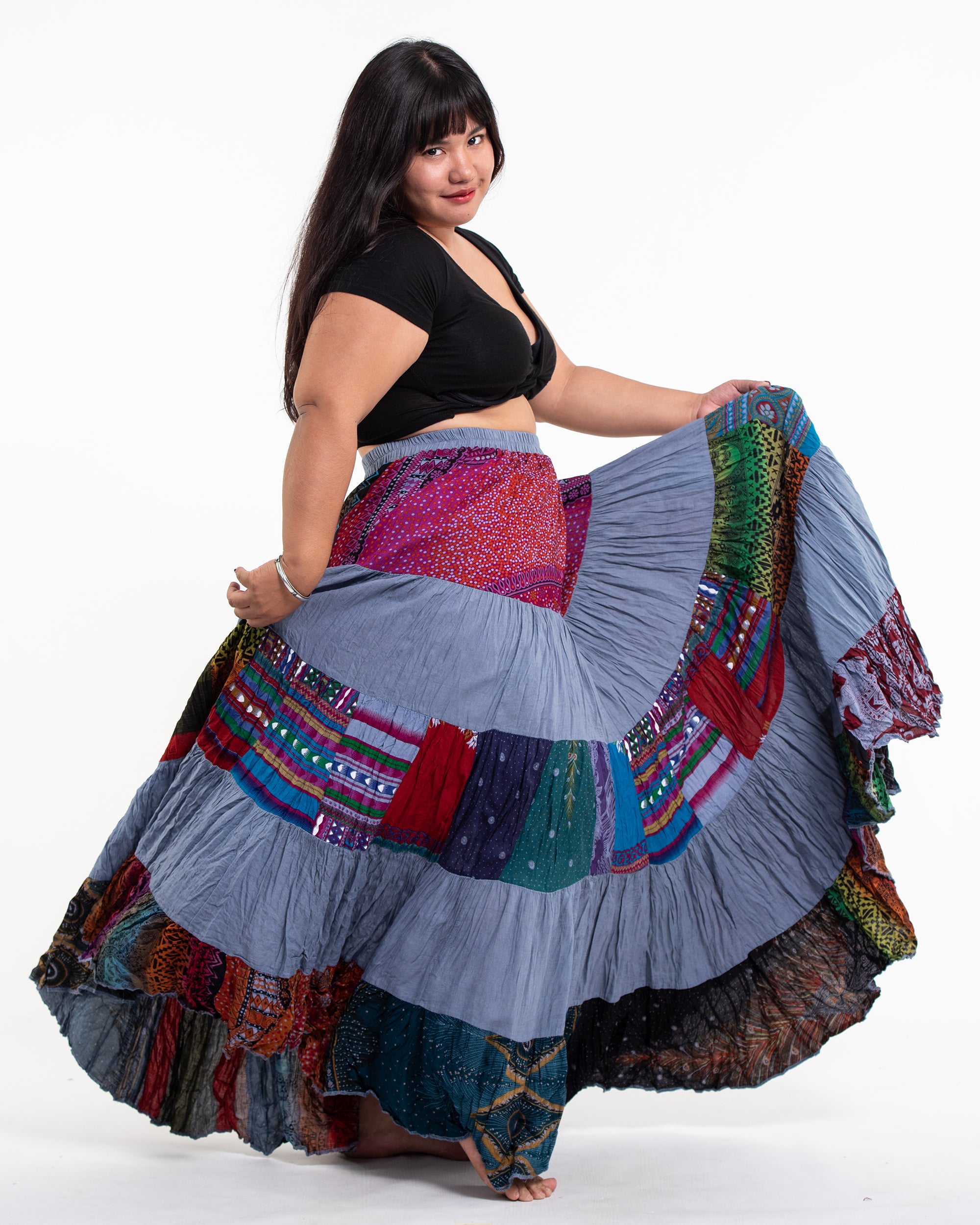 Plus Size Patchwork Long Skirt in Gray