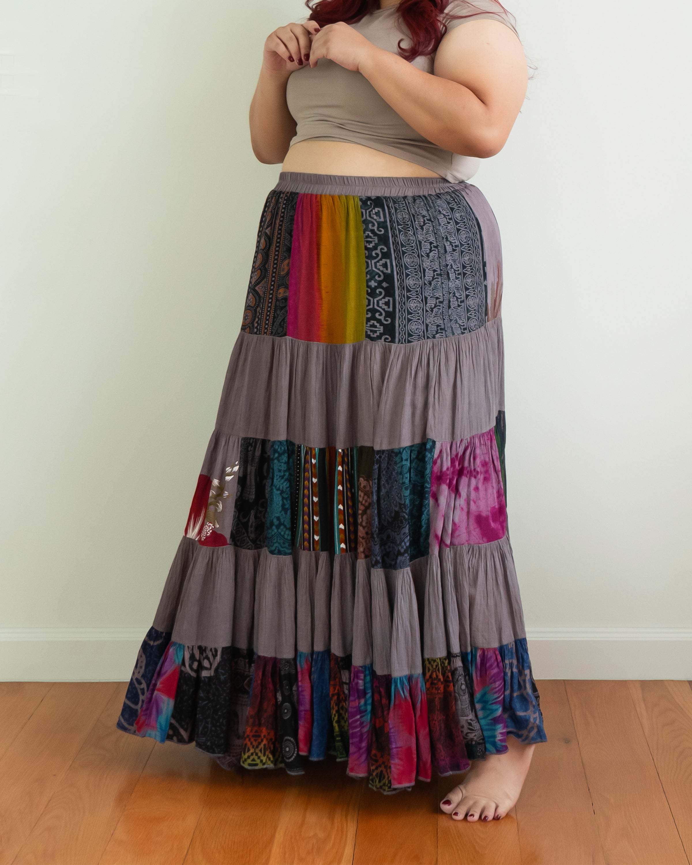 Plus Size Patchwork Long Skirt in Gray