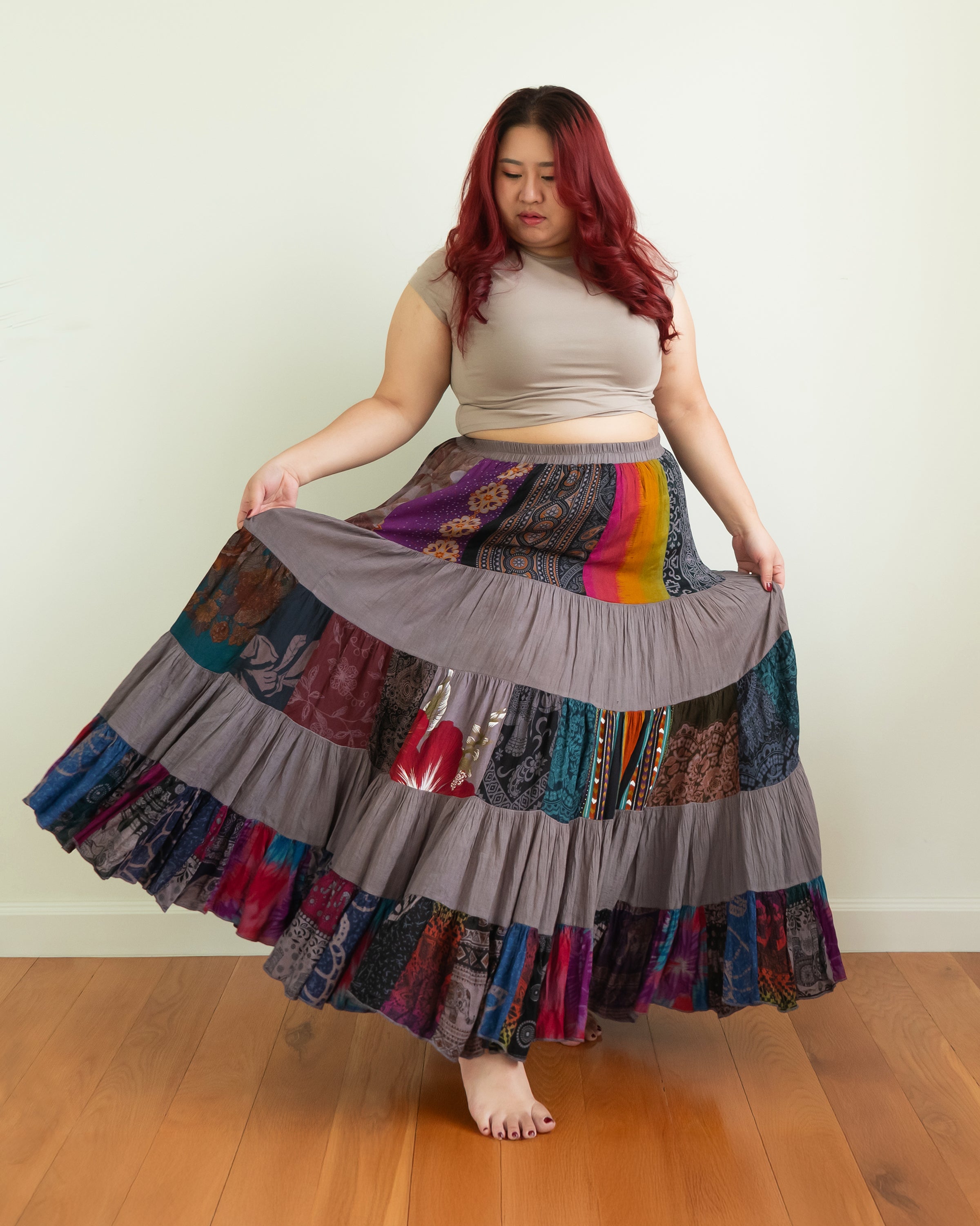 Plus Size Patchwork Long Skirt in Gray